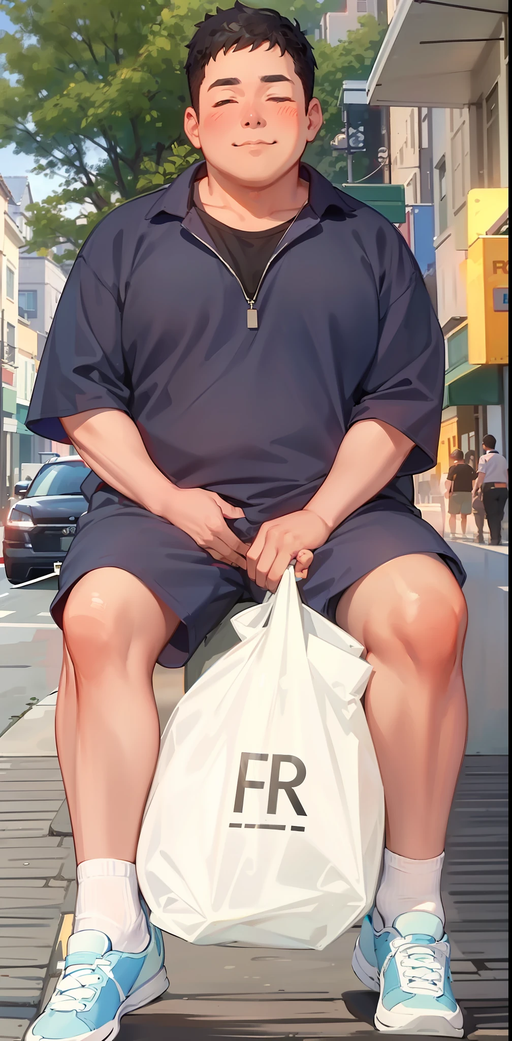 High quality, 8k, a slightly chubby boy sitting on a stone bench on the side of the street, carrying a plastic bag, eyes closed, wearing dark blue short sleeves and shorts with a black shirt underneath, summer, outdoors