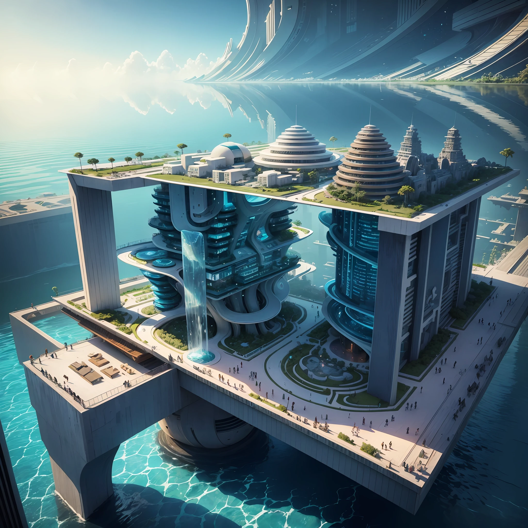 Science Fiction, Cities modern futuristic design large underwater city, futuristic underwater cityscape, a artificial waterfall and a pond with colorful flowers in the middle, nature meets underwater architecture, built inside ocean, realistic beehive architecture, organic underwater architecture, Reality very close to real nature, breathtaking render,city with underwater forest , advanced civilization technology,stunning architecture, luxury architecture, realistic fantasy render, by Zha Shibiao, epic and stunning, architectural visualization, epic architecture, concept art. 8 k --auto --v6 --s2