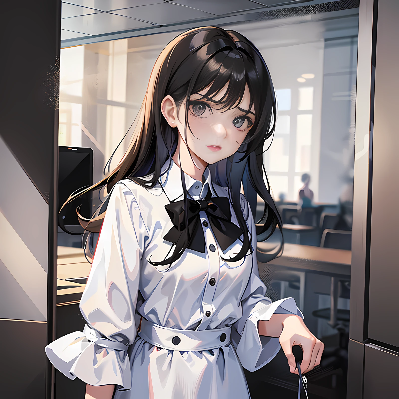 In the conference room, there was a girl standing up, long black hair, angry, super detailed, 4k, white, no bow tie, super detailed