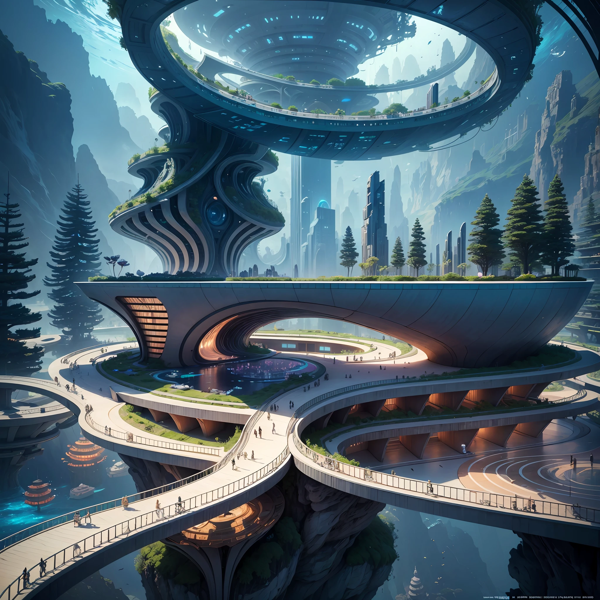 Science Fiction, Cities modern futuristic design large underwater city, futuristic underwater cityscape, a artificial waterfall and a pond with colorful flowers in the middle, nature meets underwater architecture, built inside ocean, realistic beehive architecture, organic underwater architecture, Reality very close to real nature, breathtaking render,city with underwater forest , advanced civilization technology,stunning architecture, luxury architecture, realistic fantasy render, by Zha Shibiao, epic and stunning, architectural visualization, epic architecture, concept art. 8 k --auto --v6 --s2