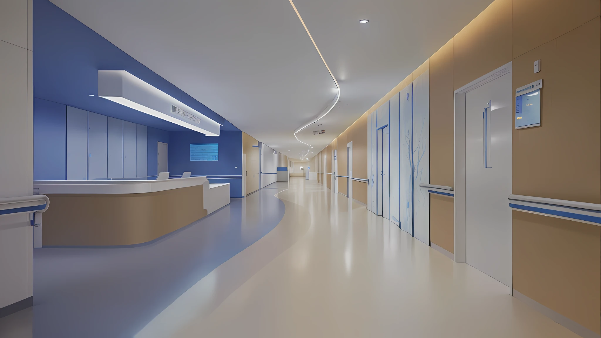 there is a long hallway with a blue wall and a white counter, hospital interior, hospital lighting, curved hallways, medical research facility, medical lighting, clean medical environment, rendered in enscape, corridor, hospital ward, adjacent hallways, hospital, theater access corridor, branching hallways, hallway landscape, sterile minimalistic room, rendered in v-ray