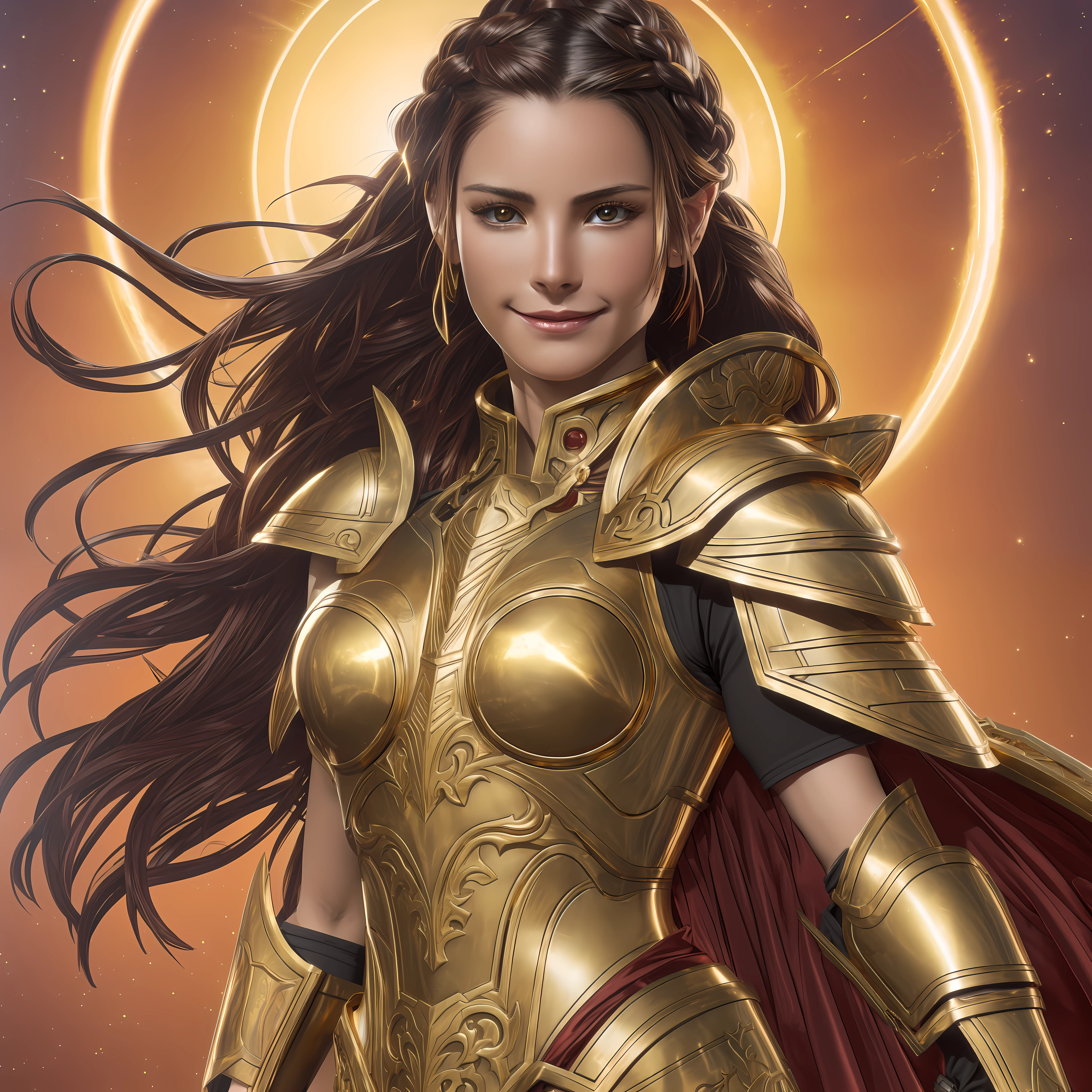 A full-length portrait, elite warrior pose, elegant, epic, a sexy woman with perfect face of fine features, small freckles on her face, tanned skin, long brown hair braided, piercing light brown eyes, armor, light armor of shining gold, silver platinum details, a crimson red robe with details of golden roses, holding a white banner with the symbol of a sun with a crescent moon in the center. Dramatic, Dark Fantasy Warrior in Full Armor, Wojtek Fus, Steampunk Warrior, Gold Sci - Fi Armour, Intricate Bronze Armour, 8K HD Wallpaperjpeg Artifact, 8K HD Wallpaperjpeg Artifact, 4K Detail Fantasy, 8K High Detail Concept Art, Brass Metal Armor, --auto --s2