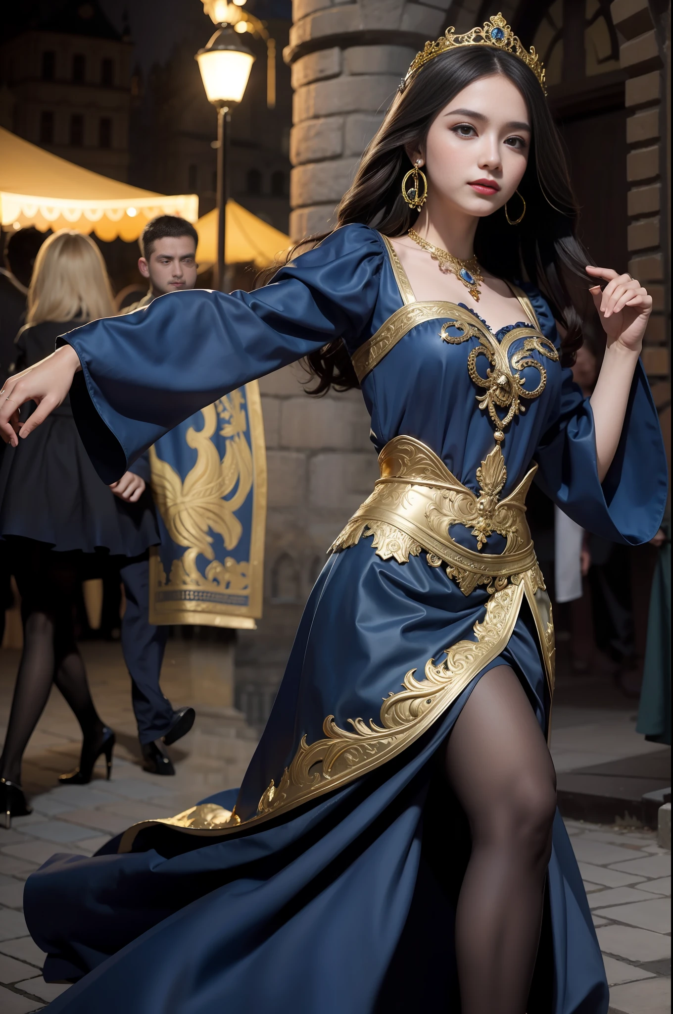 Prague Old Town Square background, gypsy dress, dancing, intricate, dark blue dress, gold, gypsy person, banquet, crowd, picking up skirt,pale skin, [slight smile],