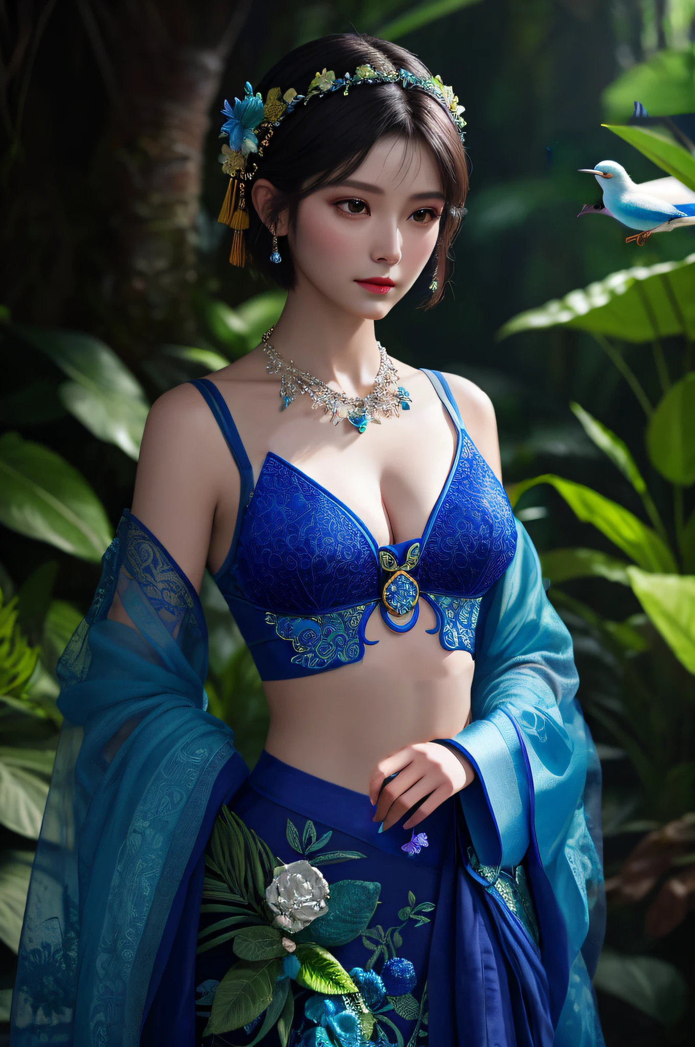 araffe asian woman in blue dress with bird in background, gorgeous chinese model, a beautiful fantasy empress, bright blue shiny lingerie, with acient chinese clothes, inspired by Lan Ying, with beautiful exotic, oriental fantasy, full body xianxia, inspired by Huang Ji, 中 元 节, captivating and enticing