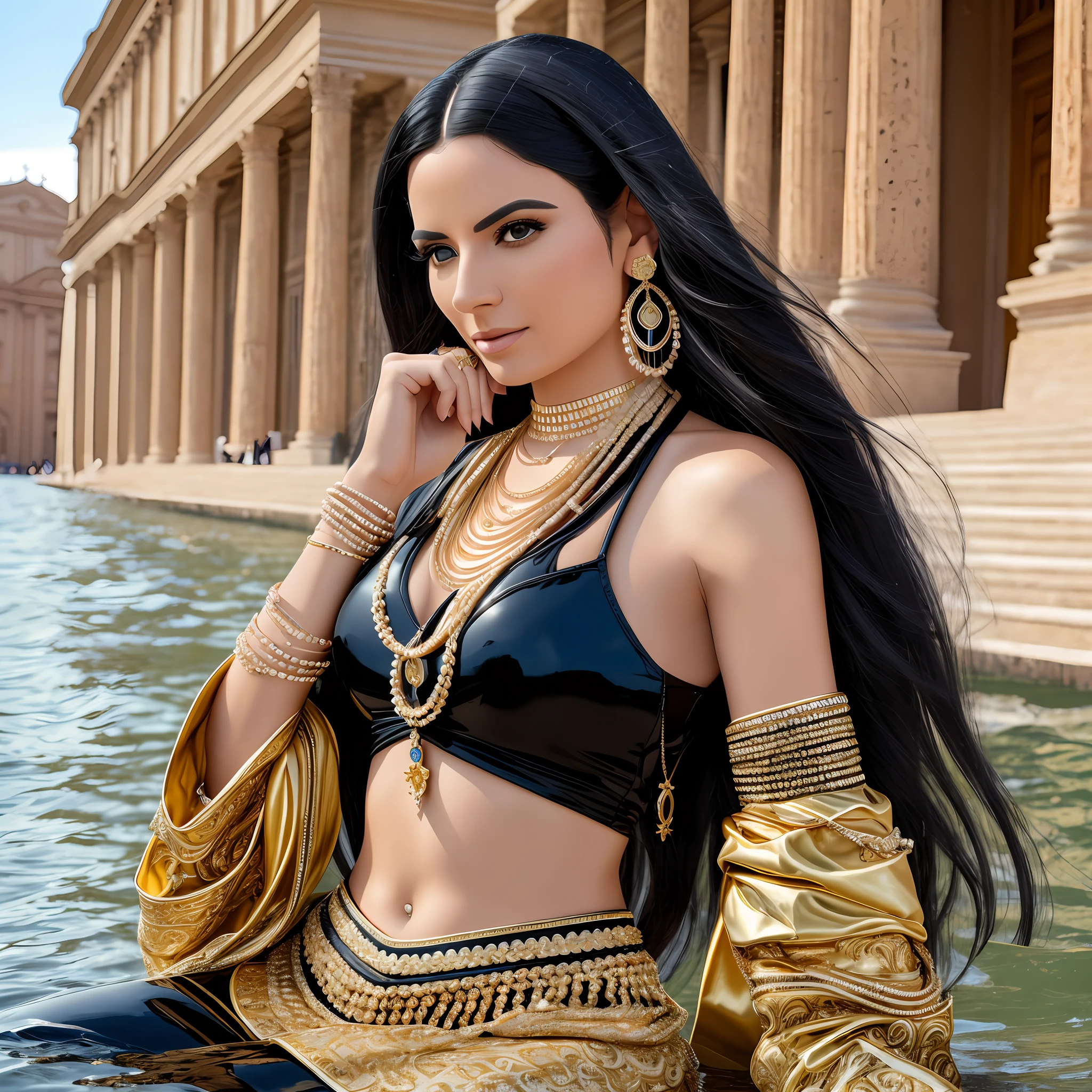 Woman 40years black hair, long, clothes color escarkate 4k 8k super rrealistic, sitting on water, full of necklaces bracelets gold earrings and jewelry presciosa, vatican background image, --auto --s2