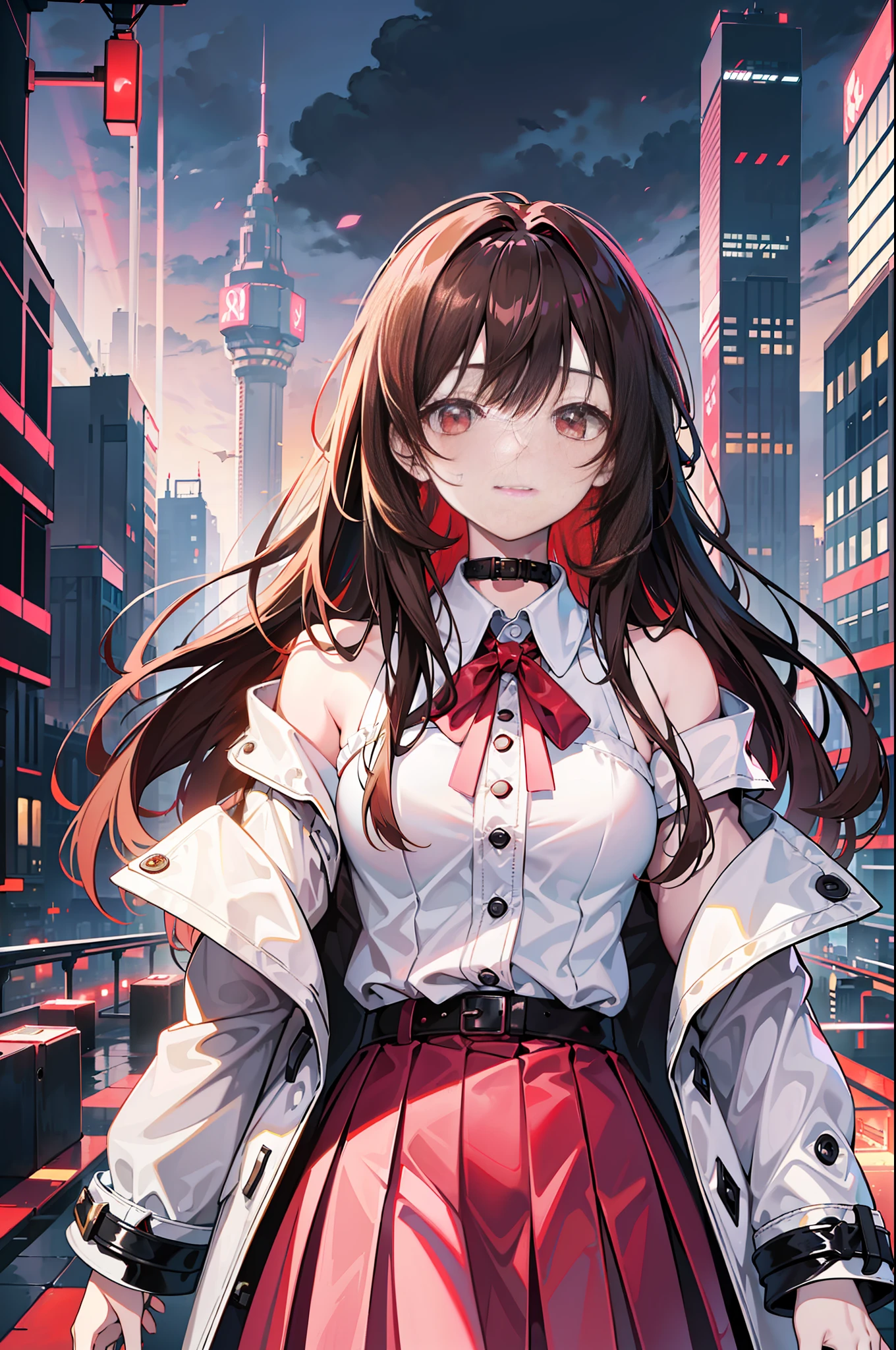 1 girl, solo, loli, petite, (night_sky), (very_long_brown_hair), (red_eyes), medium_breasts, (white_dress:1),(pink_skirt:1.2), (trench coat), (off_shoulder:1.2), (portrait), (glowing_eyes), background_light, (Cityscape:1.5), (neon_lights:1.2), (Science), Cyberpunk, ((Masterpiece)), (High resolution), (best_quality), (highly_detailed), (Original), (Exquisite background), (Very detailed 8K wallpaper), Cinematic lighting, Volume lighting, Light particles, shaded_face,beautiful_detailed_eyes,depth_ of_field, see-through, gentle_smile, red_gradient_at_the_end_of_the_hair,red_eyes,yellow_gradient_at_the__eyes,(brown_hair:red_hair:2:1)