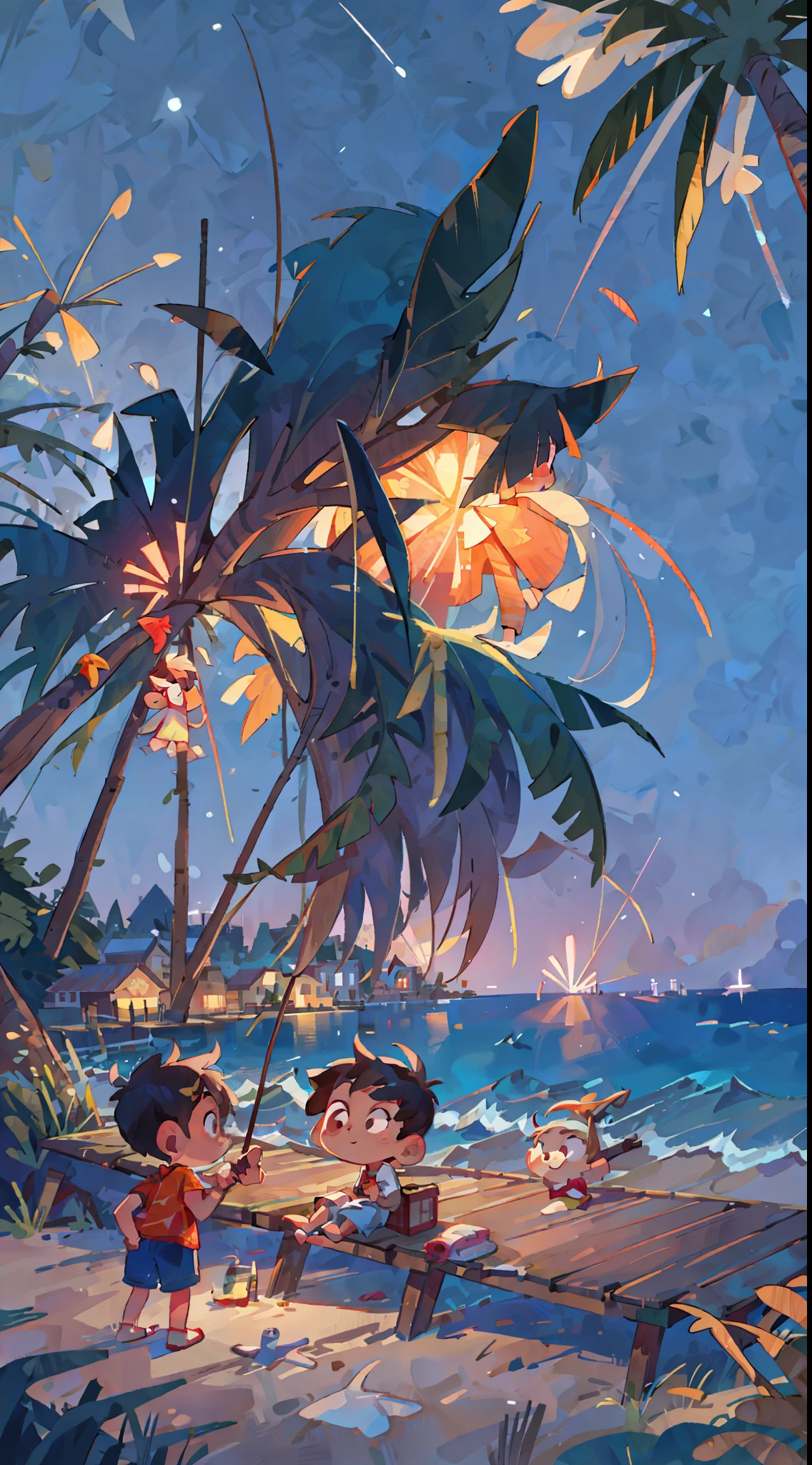 Seaside town, beach, night, summer, fireworks, little boys, fishing