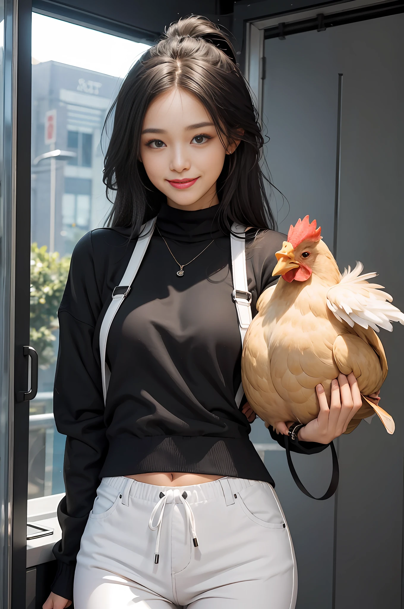 Best quality, a girl, (black sweater), (2 white straps)), (gray pants), a chicken in her hand, a smile, a pretty face, a slim figure, long legs, a smaller bust,