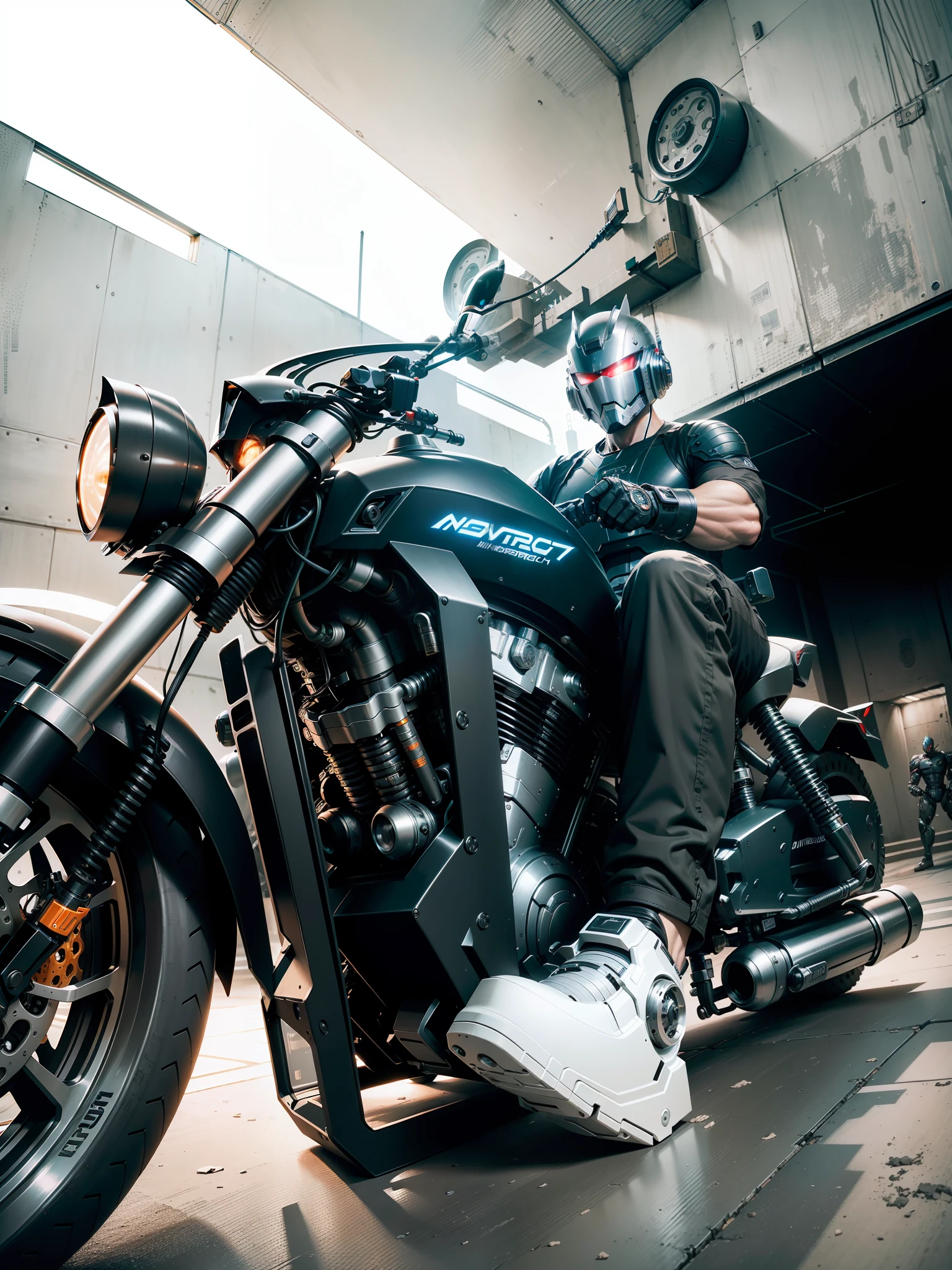 Cyber Warrior & Cybertech Mechanical Motorcycle, Mighty Male Warrior, Nousr, Biomechanics, MSHN Robot Man, Cybertech Full Surround Helmet, Surreal, Steel, Intricate Design, Crazy Detail, Fine Detail, Extremely Clear Lines, Cinematic Lighting, Photo Realistic, Detailed Masterpiece