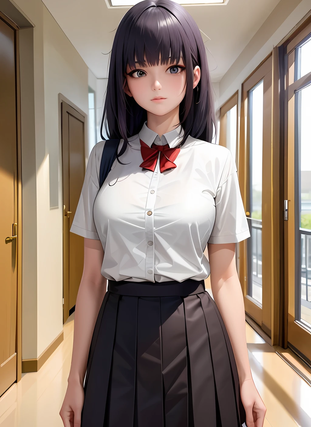 ((Best Quality, 8K, Masterpiece: 1.3)), 1 Woman, High School Girl: 1.3, (Hairstyle Random, Big: 1.2), Uniform: 1.2, School Hallway, Super Detailed Face, Detailed Eyes, Double Eyelids