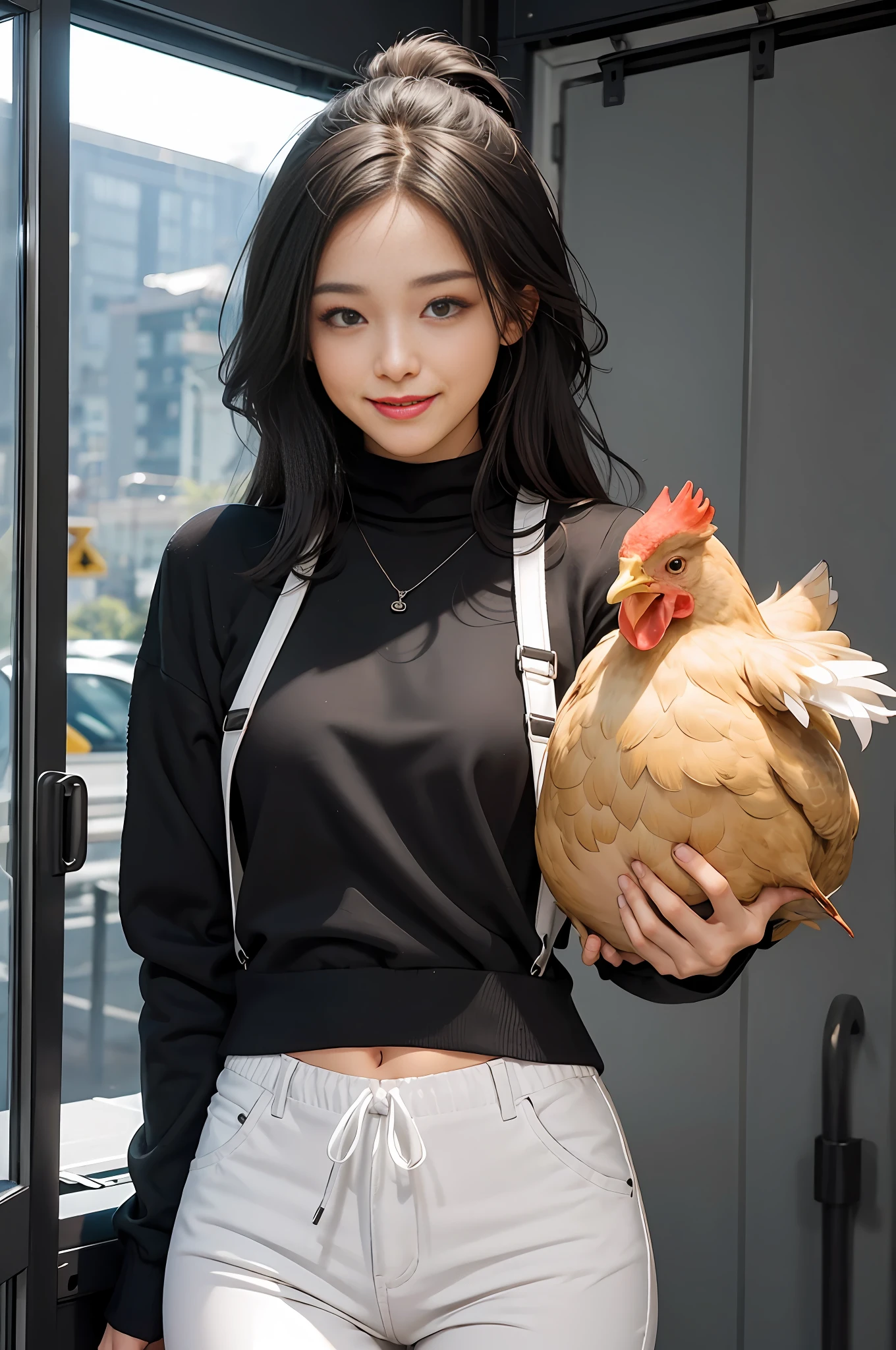 Best quality, a girl, (black sweater), (2 white straps)), (gray pants), a chicken in her hand, a smile, a pretty face, a slim figure, long legs, a smaller bust,