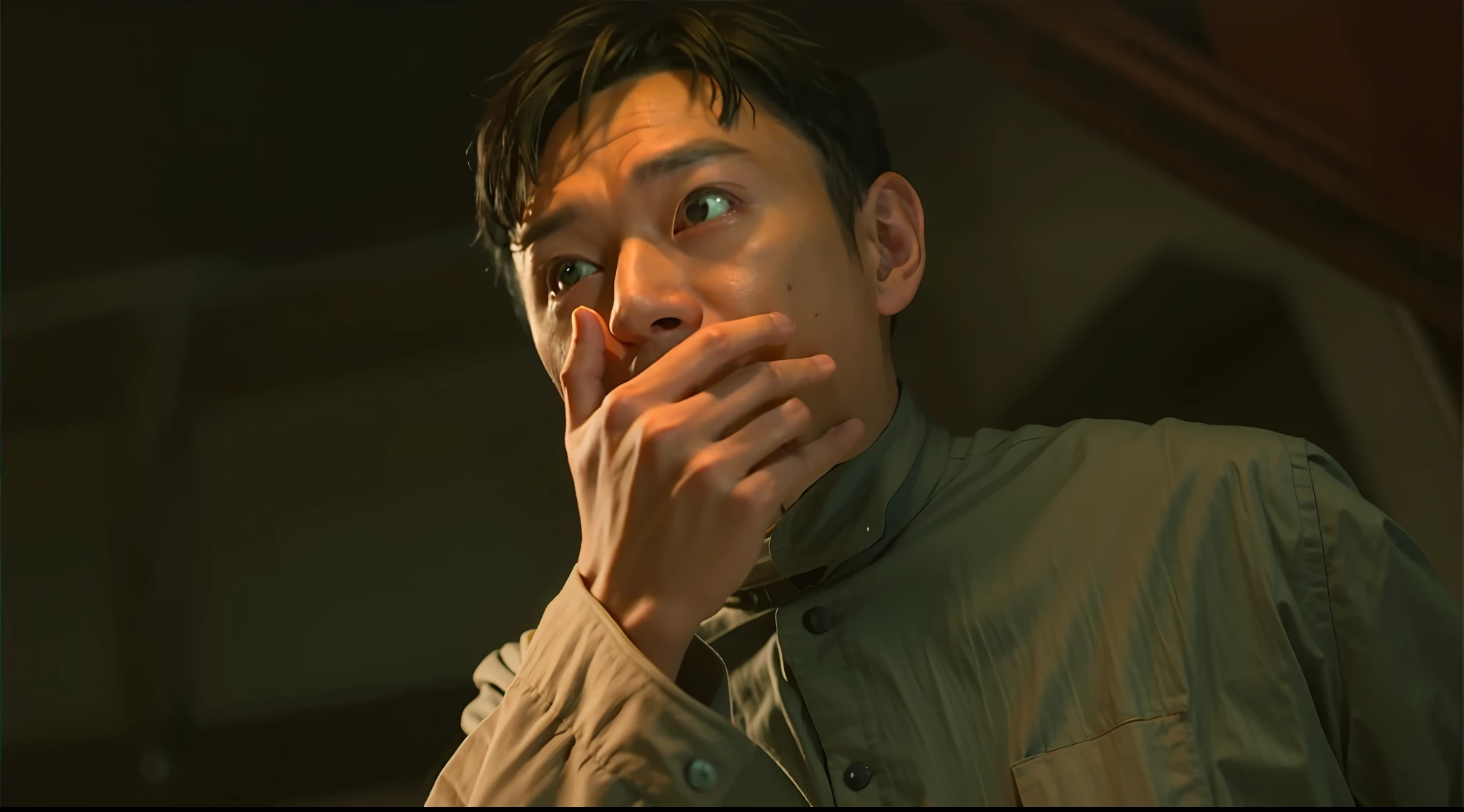 there is a man that is holding his hand to his mouth, still from a live action movie, james wan, screenshot from a movie, still from the movie, highlight scene of the movie, still frame from a movie, film still dnd, scene from live action movie, movie still of a snarling, shocked look, still from the film