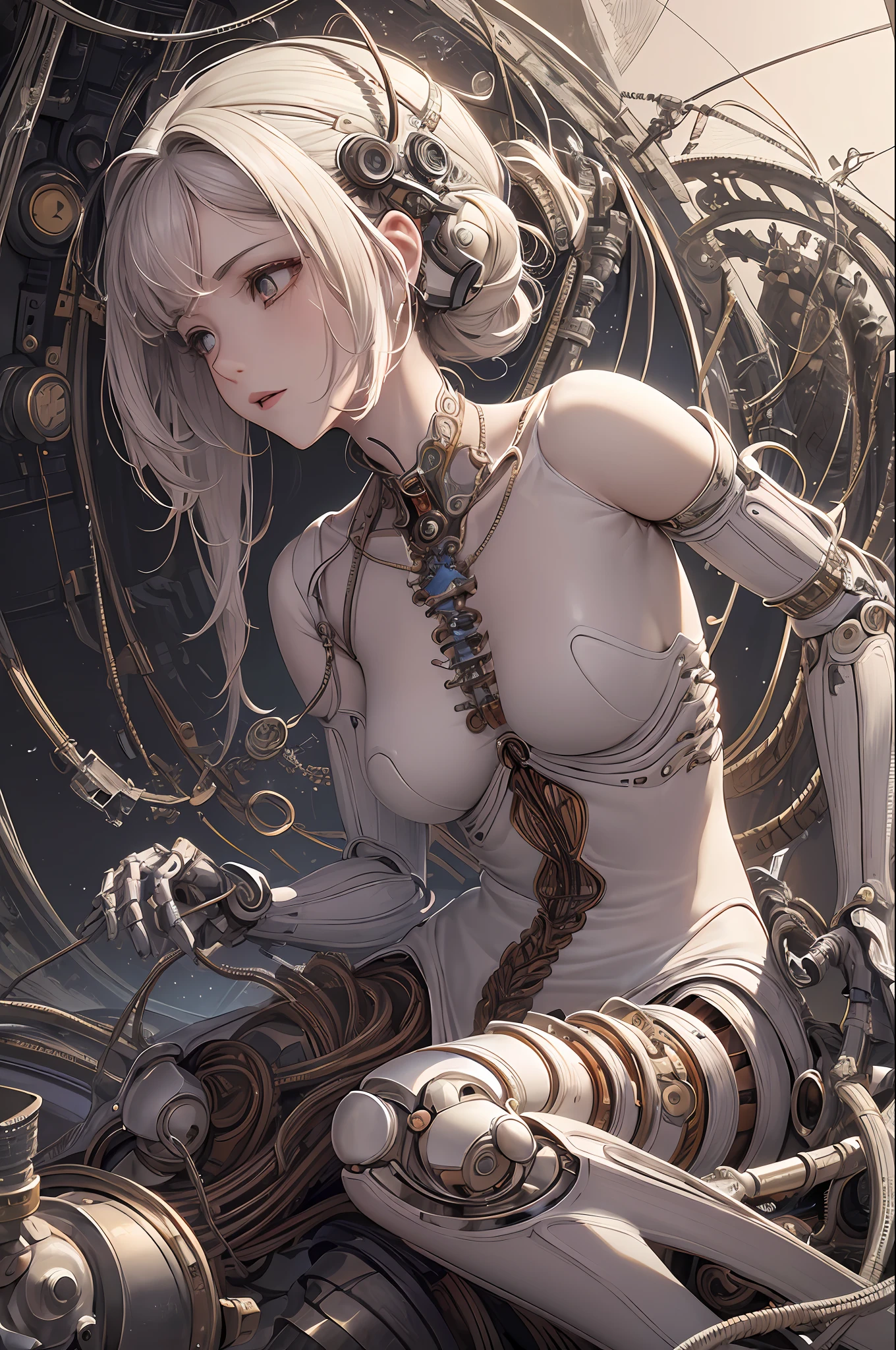 (((masterpiece))), (((best quality))), ((ultra-detailed)), (highly detailed CG illustration), ((an extremely delicate and beautiful)),(from side),cinematic light,((1mechanical girl)),solo,full body,(machine made joints:1.2),((machanical limbs)),(blood vessels connected to tubes),(mechanical vertebra attaching to back),((mechanical cervial attaching to neck)),(sitting),expressionless,(wires and cables attaching to neck:1.2),(wires and cables on head:1.2)(character focus),science fiction,extreme detailed,colorful,highest detailed