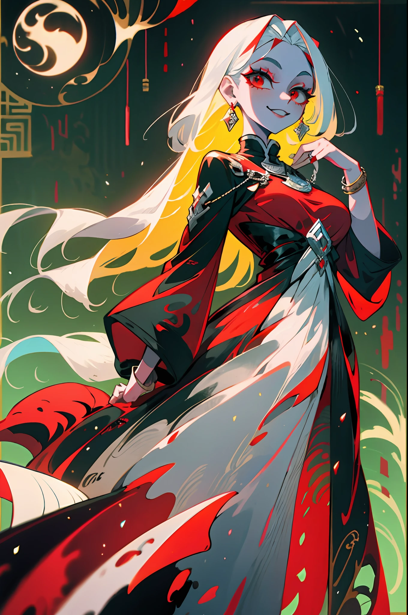 (simple hands:0.5)+(detailed hands:0.7), (masterwork), (best quality), white hair, red eyes, oriental dress, knight, 1girl, pale skin, white hair, red eyes, two tone hair, eyelashes, bracelet, jewelry, smile, gleaming skin, shiny hair, detailed and majestic stage, Fantasy, Long Hair, 1 girl, full body, colorful dress,