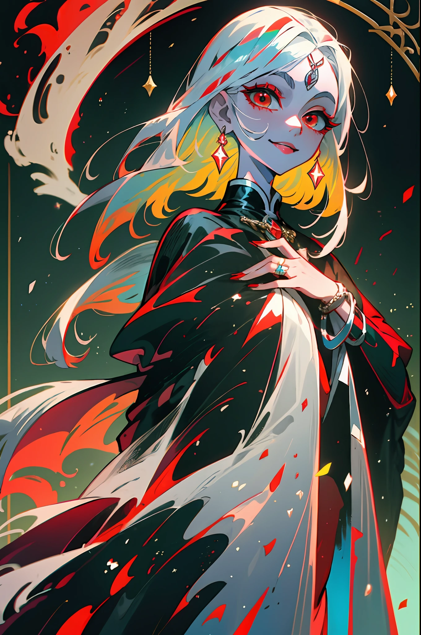 (simple hands:0.5)+(detailed hands:0.7), (masterwork), (best quality), white hair, red eyes, oriental dress, knight, 1girl, pale skin, white hair, red eyes, two tone hair, eyelashes, bracelet, jewelry, smile, gleaming skin, shiny hair, detailed and majestic stage, Fantasy, Long Hair, 1 girl, full body, colorful dress,