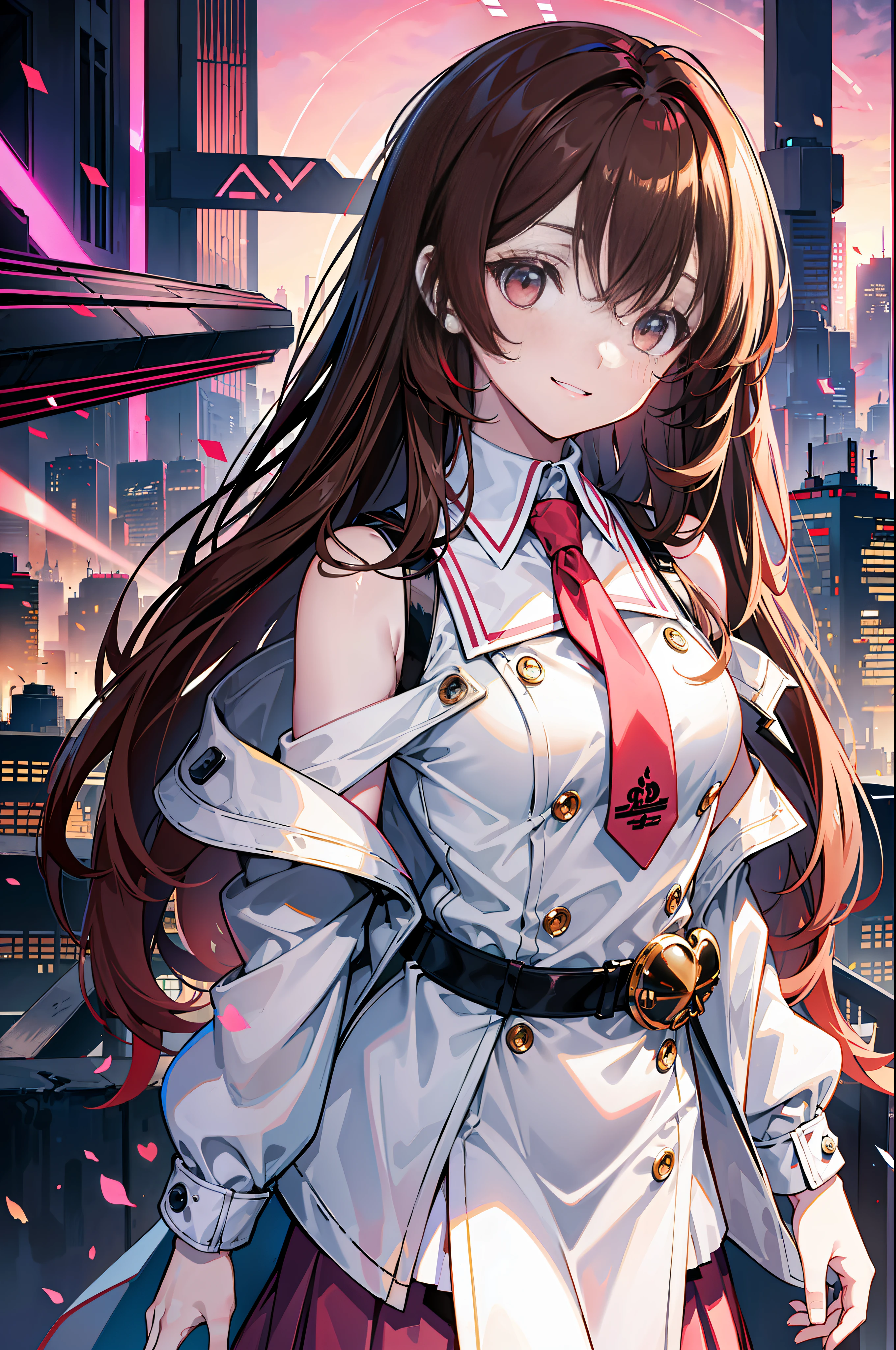 1 girl, solo, loli, petite, (night_sky), (very_long_brown_hair), (red_eyes), medium_breasts, (white_dress:1),(pink_skirt:1.2), (trench coat), (off_shoulder:1.2), (portrait), (glowing_eyes), background_light, (Cityscape:1.5), (neon_lights:1.2), (Science), Cyberpunk, ((Masterpiece)), (High resolution), (best_quality), (highly_detailed), (Original), (Exquisite background), (Very detailed 8K wallpaper), Cinematic lighting, Volume lighting, Light particles, shaded_face,beautiful_detailed_eyes,depth_ of_field, see-through, gentle_smile, red_gradient_at_the_end_of_the_hair,red_eyes,yellow_gradient_at_the__eyes,(brown_hair:red_hair:2:1)