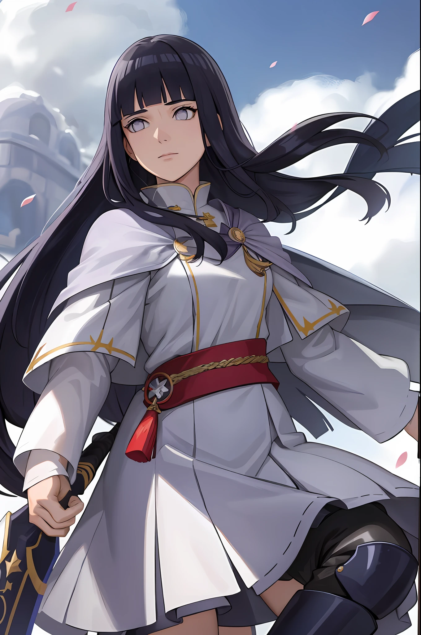 8k, best quality, masterpiece, highly detailed, semi realistic, 1 girl, mature female, 20 years old, dark blue long hair, high ponytail, bangs, purple pupils, silver white armor, white fluffy skirt, silver iron boots, red white fluffy brimmed cloak, wielding sword, knight, coronation ceremony,War, flames, bloodstains,Lily, petal rain,banner, blunt bangs, hinata/(boruto/), from front