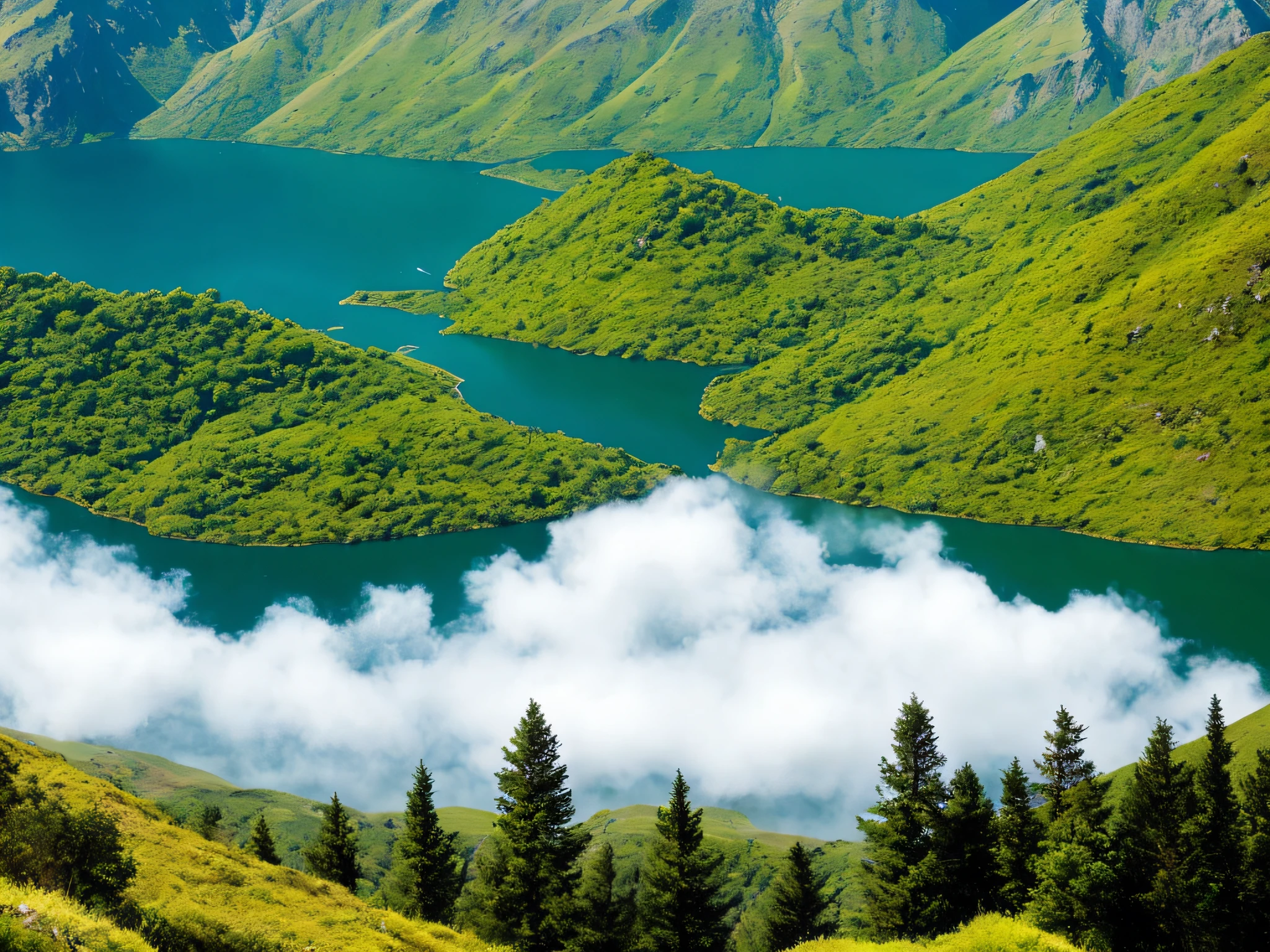 ((Lovely round white clouds on the lake, on the hillside)), Aalfed view of rivers and mountains, valleys in the background, majestic nature, stunning nature in the background, epic beautiful scenery, breathtaking scenery, mountain lakes, amazing scenery, amazing scenery, amazing scenery in the background, very beautiful scenery, beautiful scenery,