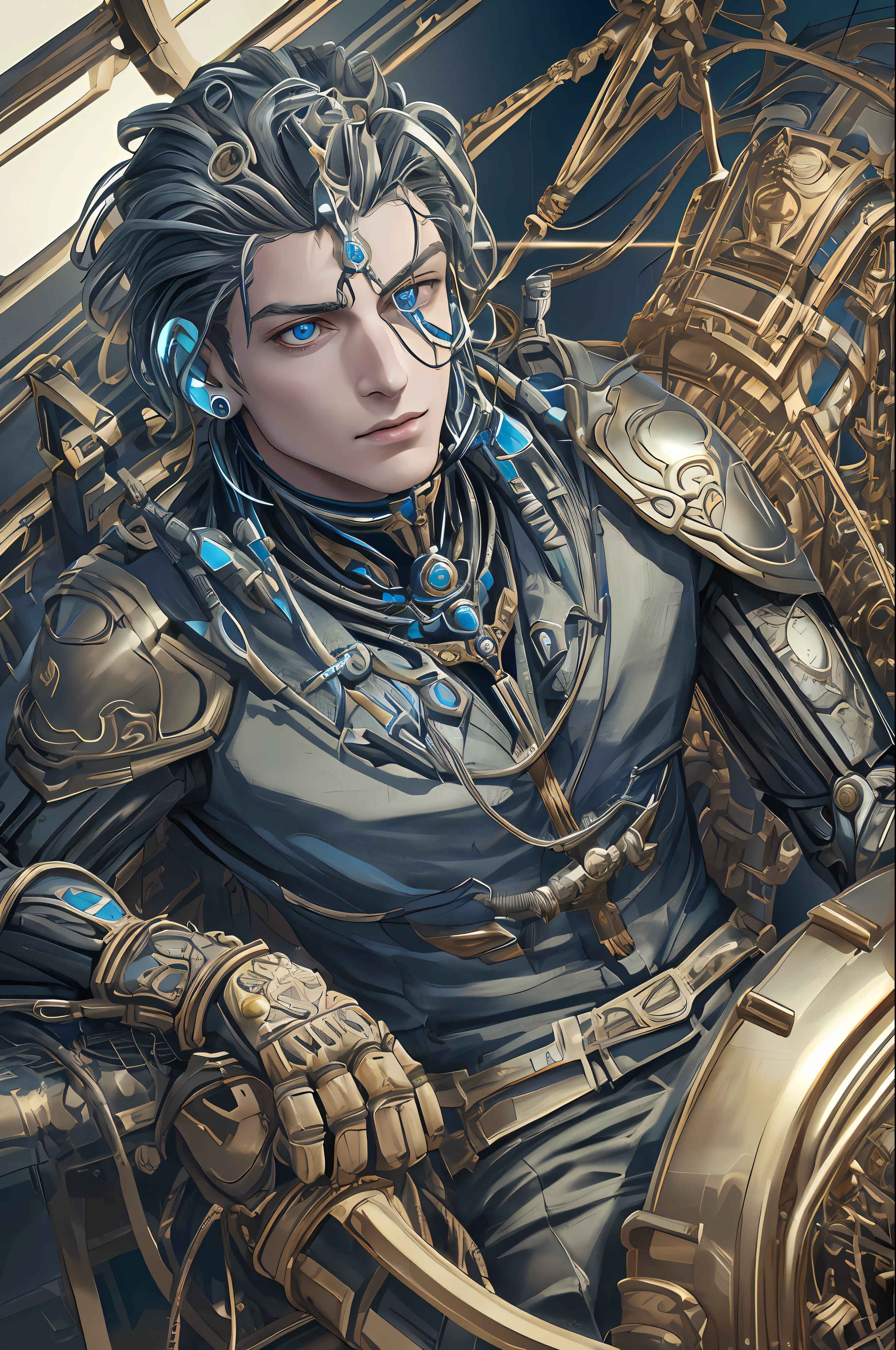 1Mechanical boy, (((ultra realistic details)), portrait, global lighting, shadows, octane render, 8k, ultra sharp, metal, intricate, detailed ornaments, cool colors, Egyptian detail, highly intricate details, realistic light, trend in cgsociety, bright eyes, front camera, neon details, mechanical limbs, blood vessels connected to tubes, mechanical vertebra attaching to the back, mechanical cervial attaching to the neck, sitting, wires and cables connecting to the head