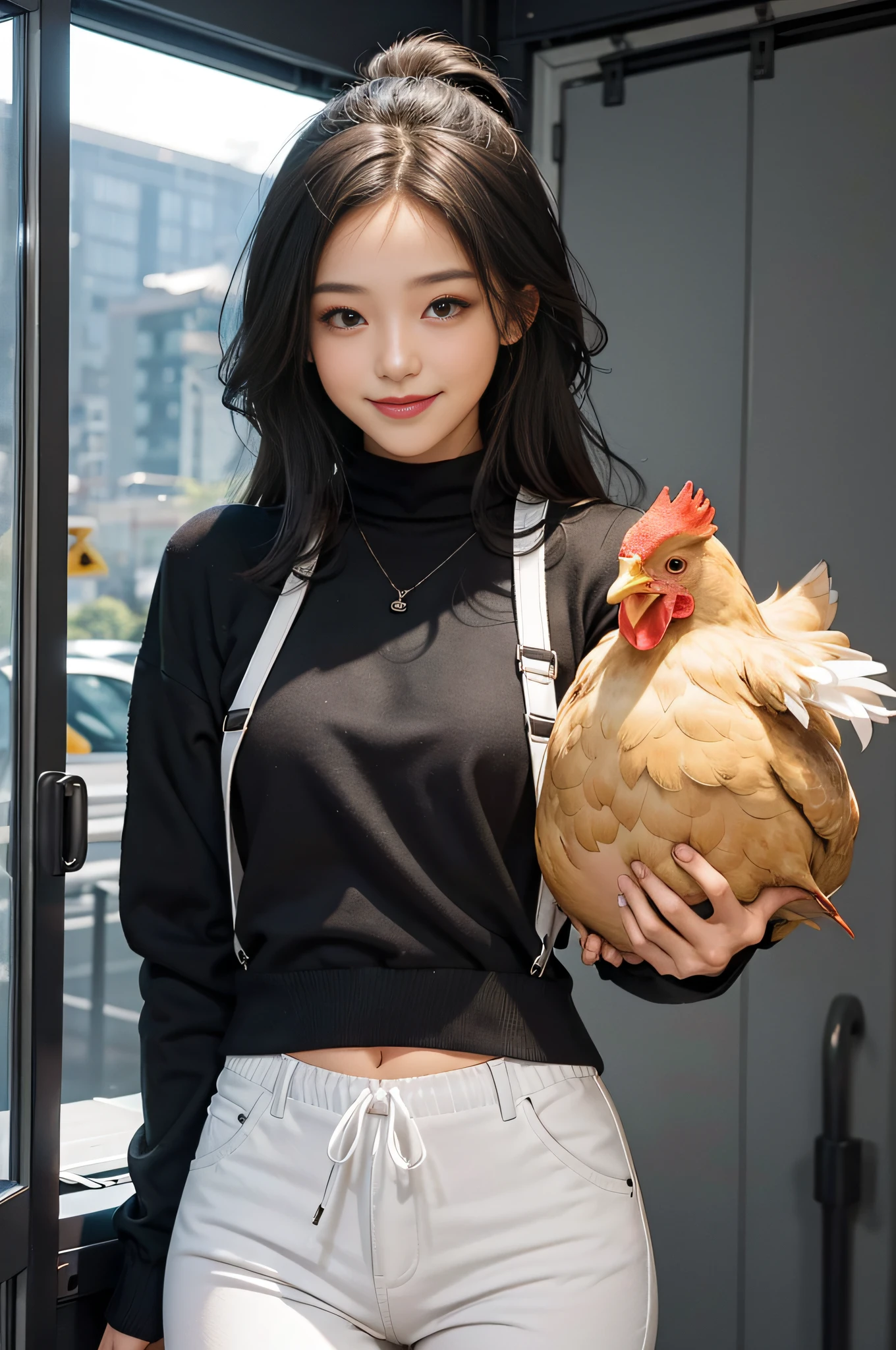 Best quality, a girl, (black sweater), (2 white straps)), (gray pants), a chicken in her hand, a smile, a pretty face, a slim figure, long legs, a smaller bust,