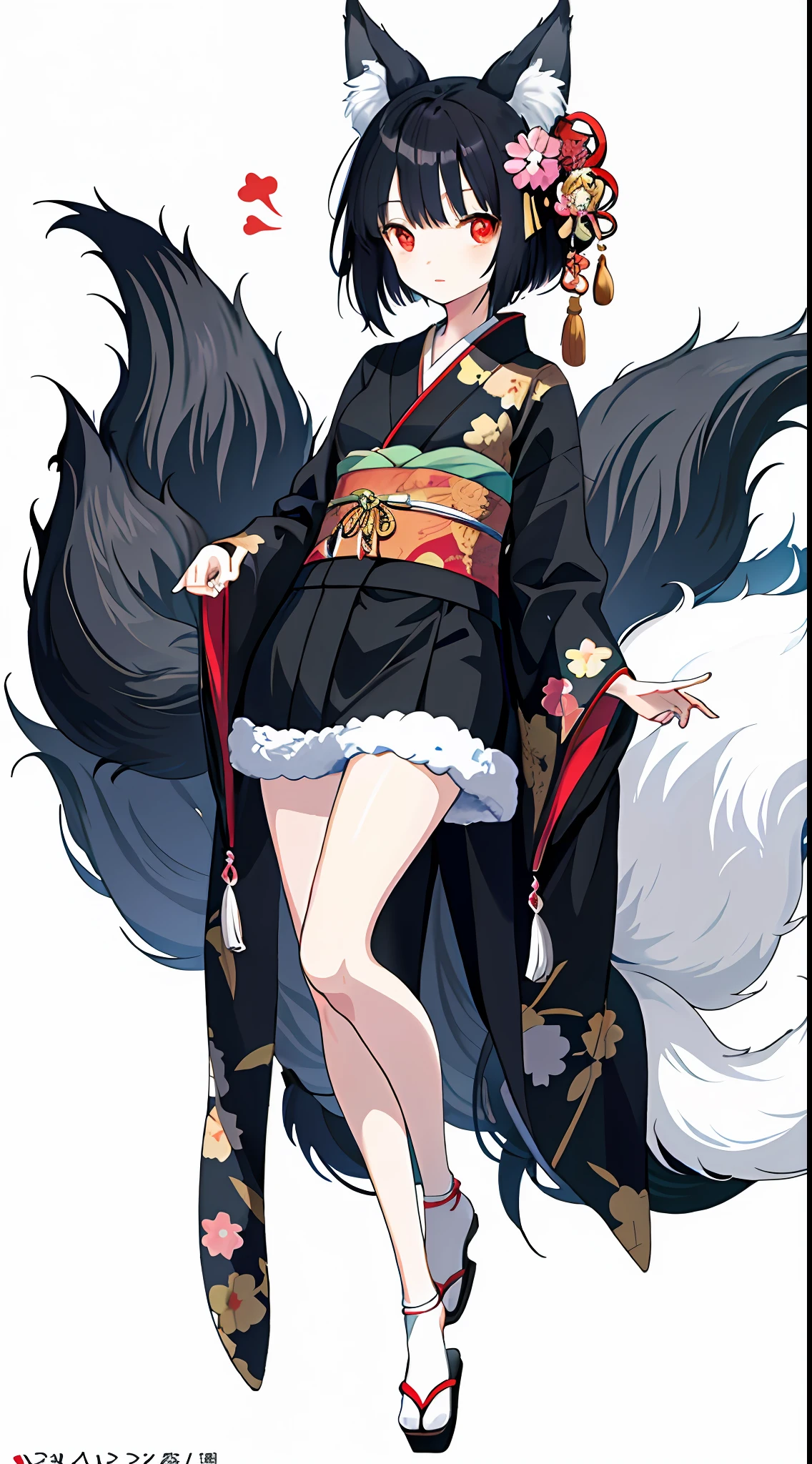 1girl, this painting depicts a female character dressed as a cat lady, anime girl in black and white costume with fox tail, beautiful anime fox girl, very beautiful anime fox girl, , 'shows a very shy expression, multiple tails, fluffy tail, the proportions are correct, the character is dressed in a highly detailed kimono, this painting is an album cover artwork, showing the whole leg, very fine. She has smooth black hair that shows a strong national character. The whole picture presents a typical Japanese anime manga style, she may have red pupils, giving a mysterious feeling. Add a touch of exoticism.