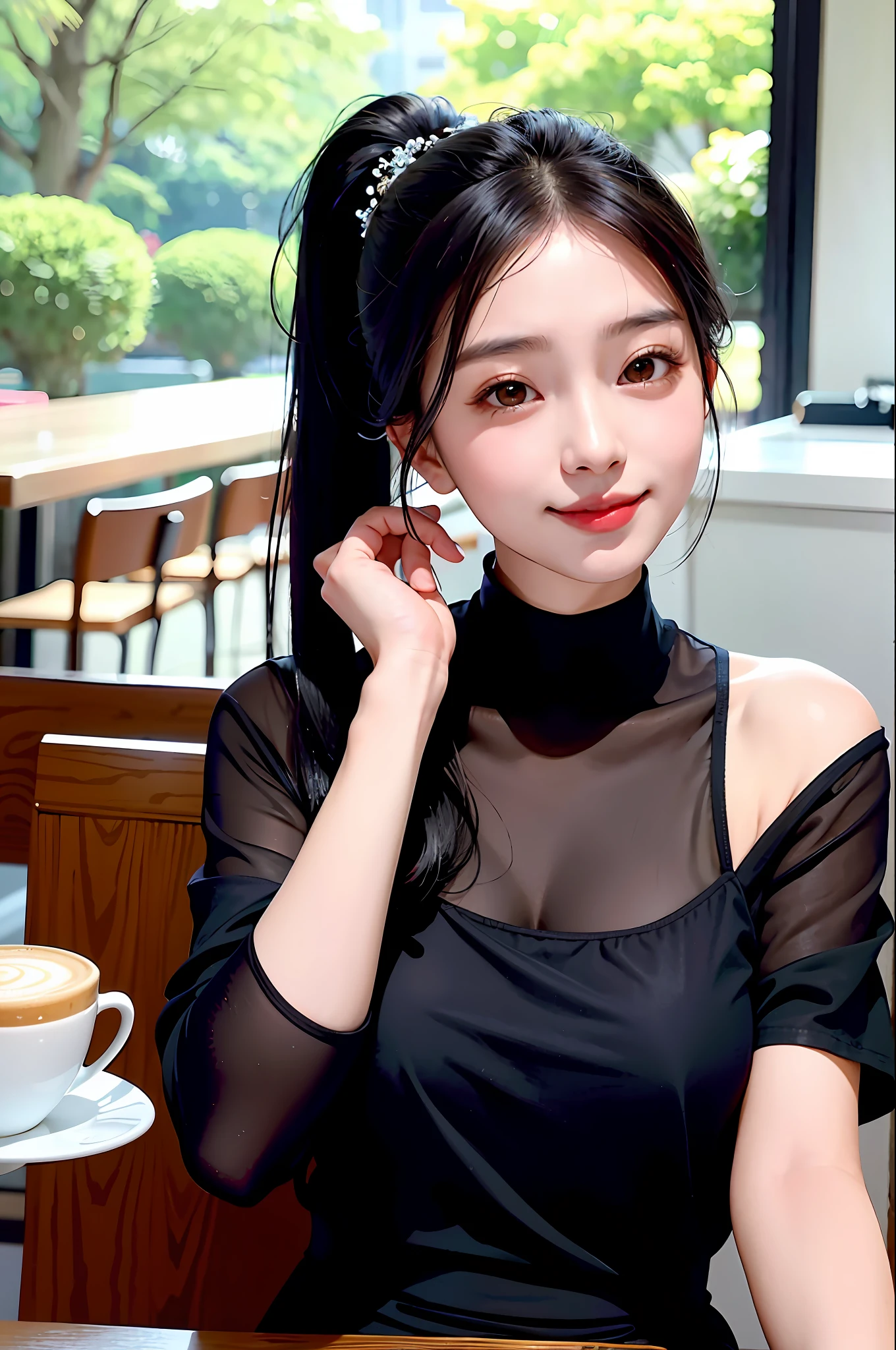 Korean girl, black hair, older sister, putting her hair in a ponytail and smiling to the narrator, high definition picture, masterpiece, (beautiful girl, cafe, enchanting, virgin, sexy), (secretary), coquettish smile, coquettish woman,