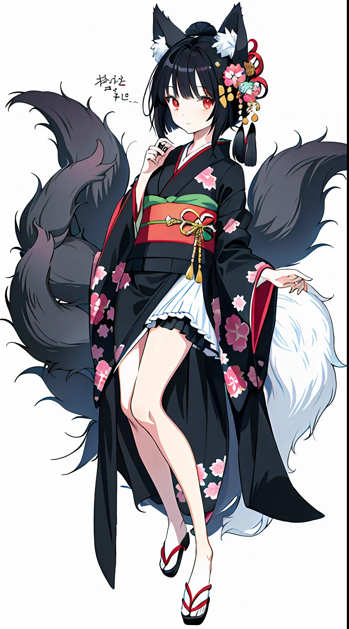 1girl, this painting depicts a female character dressed as a cat lady, anime girl in black and white costume with fox tail, beautiful anime fox girl, very beautiful anime fox girl, , 'shows a very shy expression, multiple tails, fluffy tail, the proportions are correct, the character is dressed in a highly detailed kimono, this painting is an album cover artwork, showing the whole leg, very fine. She has smooth black hair that shows a strong national character. The whole picture presents a typical Japanese anime manga style, she may have red pupils, giving a mysterious feeling. Add a touch of exoticism.