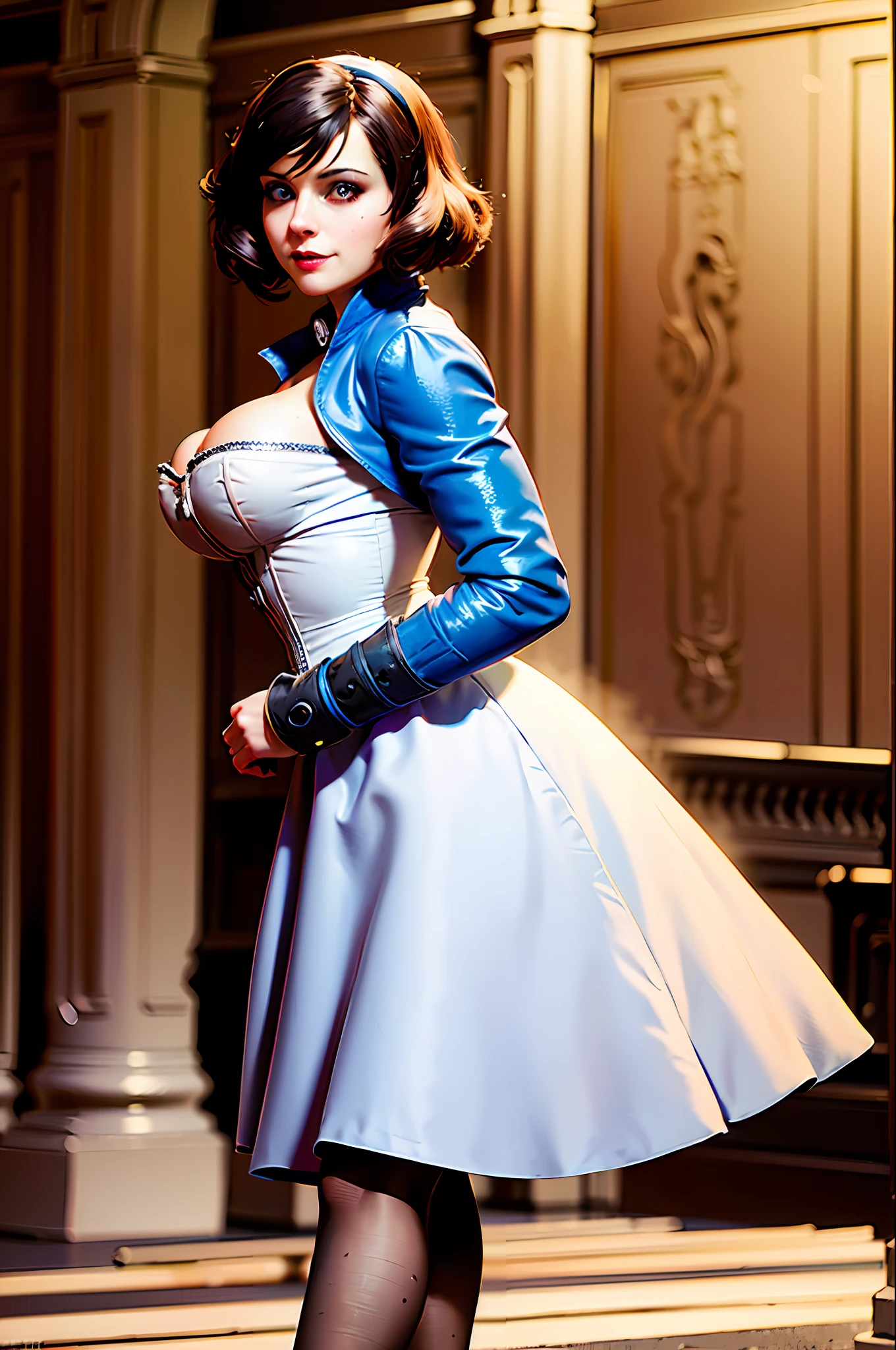 masterpiece, high-resolution, photorealistic, best quality, perfect lighting, adult, mature, female, 1girl, solo, library, castle, ((elizabeth_bioshock)), blue jacket, dress, white corset, dancing, happy, smile, huge, gigantic breasts, narrow waist, hair band, petite arms, thin legs