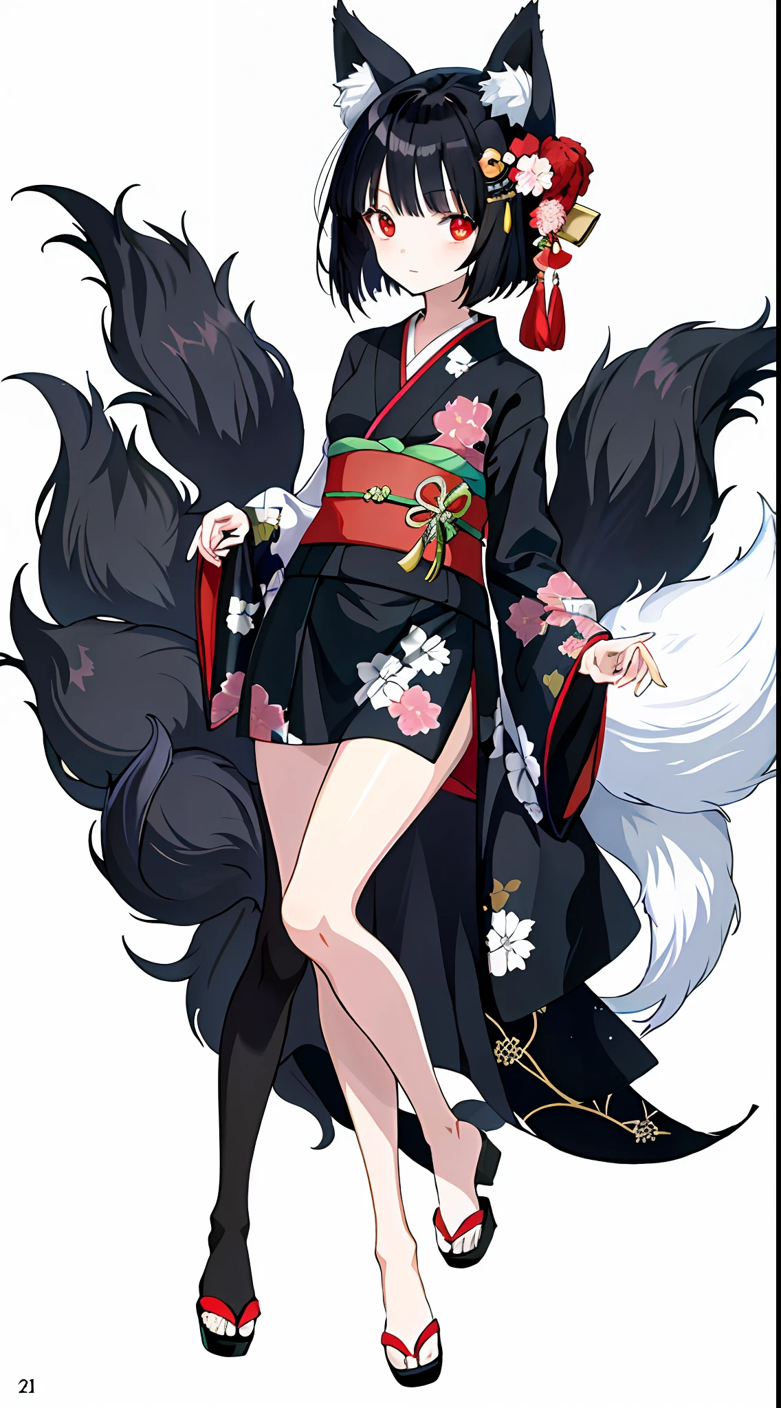 1girl, this painting depicts a female character dressed as a cat lady, anime girl in black and white costume with fox tail, beautiful anime fox girl, very beautiful anime fox girl, , 'shows a very shy expression, multiple tails, fluffy tail, the proportions are correct, the character is dressed in a highly detailed kimono, this painting is an album cover artwork, showing the whole leg, very fine. She has smooth black hair that shows a strong national character. The whole picture presents a typical Japanese anime manga style, she may have red pupils, giving a mysterious feeling. Add a touch of exoticism.