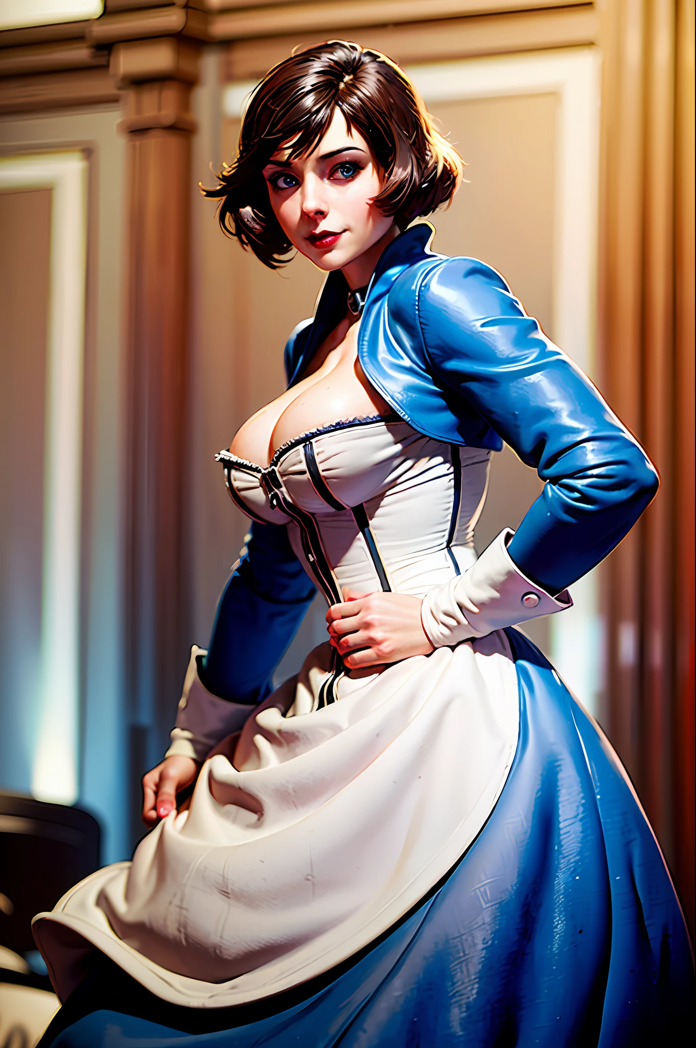 masterpiece, high-resolution, photorealistic, best quality, perfect lighting, adult, mature, female, 1girl, solo, library, castle, ((elizabeth_bioshock)), blue jacket, dress, white corset, dancing, happy, smile, huge, gigantic breasts, narrow waist, hair band, petite arms, thin legs