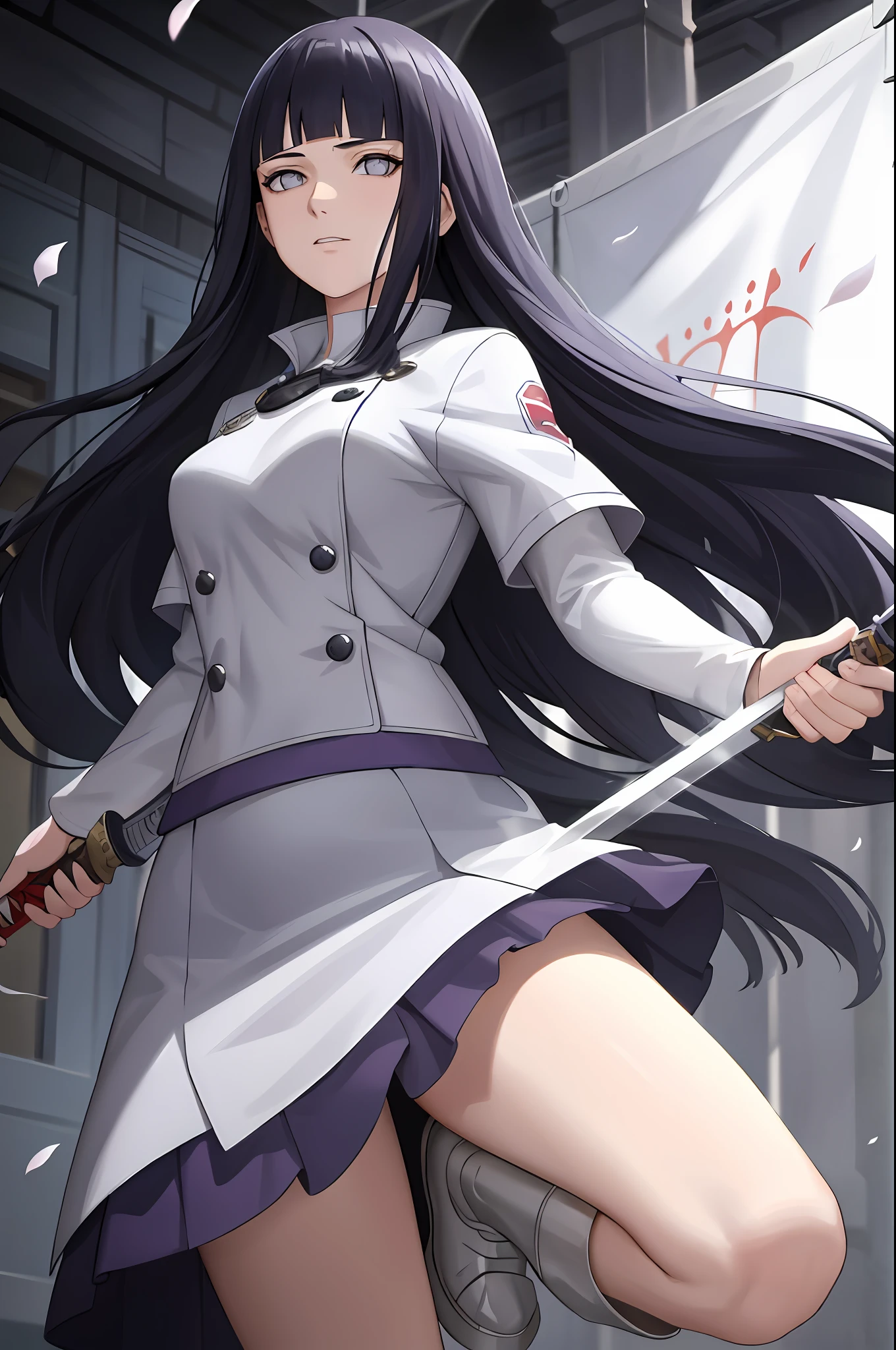 8k, best quality, masterpiece, highly detailed, semi realistic, 1 girl, mature female, 20 years old, dark blue long hair, high ponytail, bangs, purple pupils, silver white armor, white fluffy skirt, silver iron boots, red white fluffy brimmed cloak, wielding sword, knight, coronation ceremony，War, flames, bloodstains，Lily, petal rain，banner, blunt bangs,  hinata/(boruto/), from front