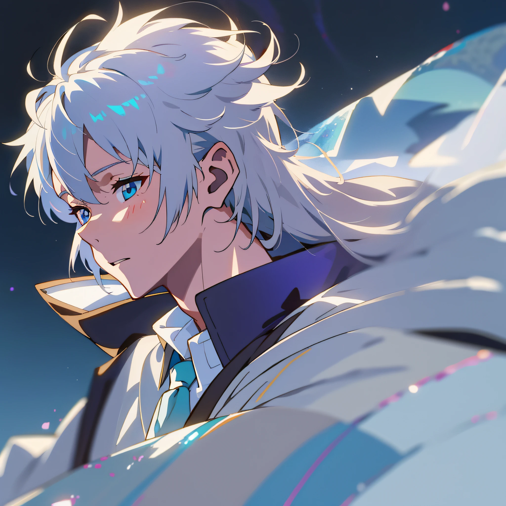 1boy in a white coat and a blue tie, white haired deity, tall anime guy with ocean eyes, white haired, prussia, hajime yatate, beautiful androgynous prince, white-haired, delicate androgynous prince, relaxed dwarf with white hair, anime style like fate/stay night, male anime character, anime handsome man, white background and a little star, crystal earrings, anime, illustration, anime style, depth of field, UHD, textured skin, high quality, high details, 4K, best quality, more detailed