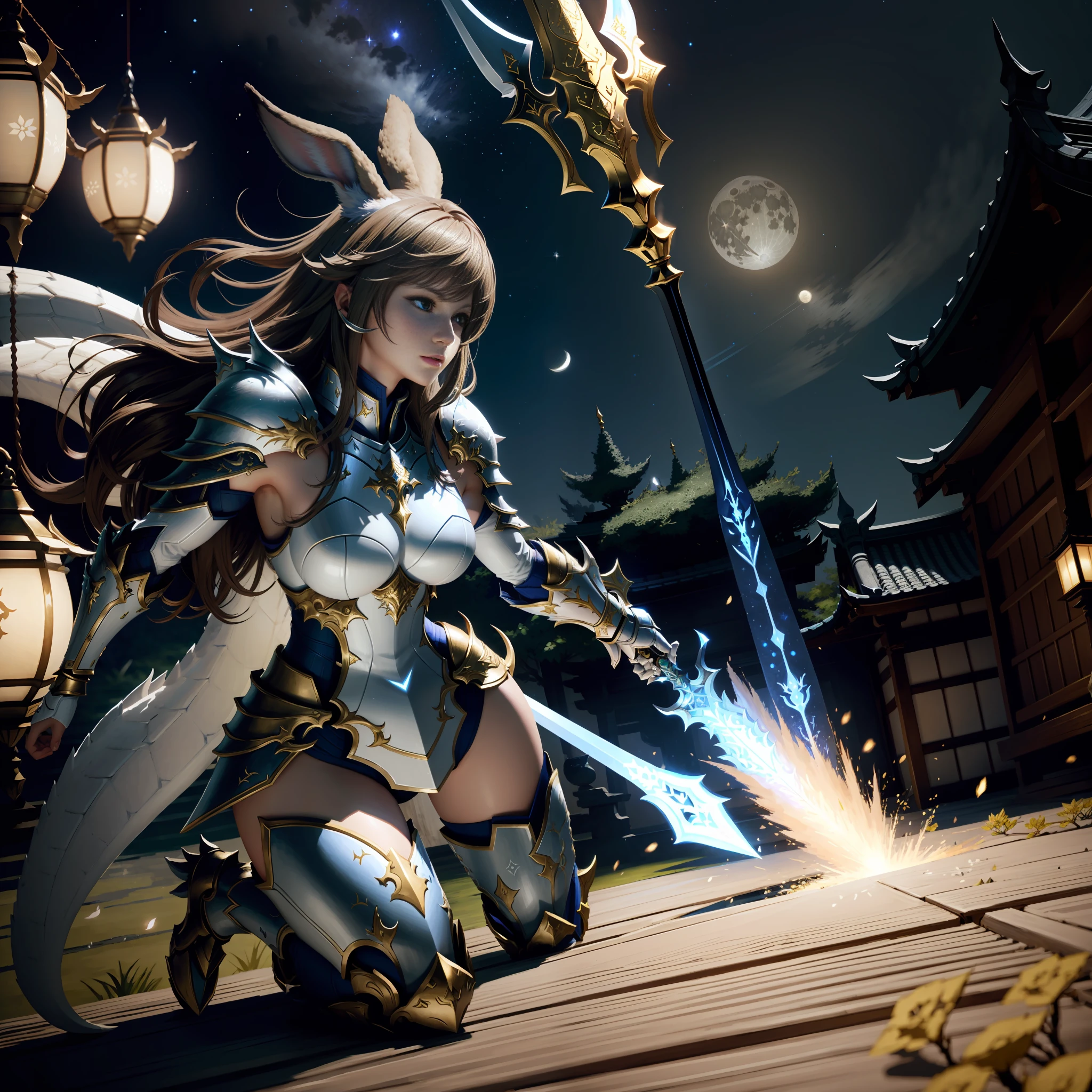 masterpiece, ultra realistic, 8k, ultra realistic eyes, blue right eye and green left eye, full body image, focus on chest region, large breasts, white armor with pointed shoulder pad and golden details, a very beautiful rabbit woman with brown hair, dragoon final fantasy xiv, viera final fantasy xiv, viera brown hair, white armor with golden details, white armor with pointed shoulder pad, holding a dragon-shaped spear emanating a clear glow, a Japanese backyard illuminated by Japanese lanterns, full moon in the background and starry sky, full moon with clear weather, ultra realistic moon, ultra realistic stars, wielding a dragon-shaped magic spear, Final Fantasy 14 Screenshot, Final Fantasy 14 sharp, FFXIV Heavensward, Final Fantasy 14 style, brown hair color.