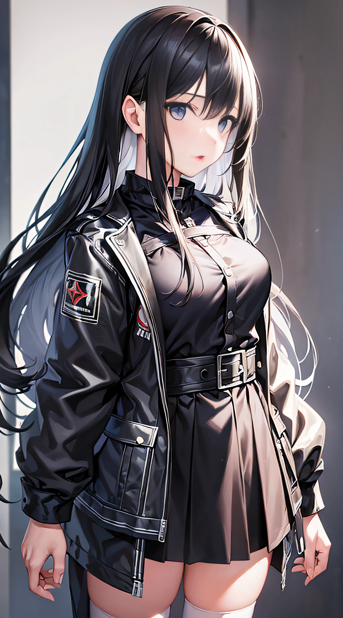((masterpiece, best_quality)), 1girl, (photorealistic:1.4), solo, white_background, black_hair, long_hair, zettai_ryouiki, skirt, ((full_body)),
