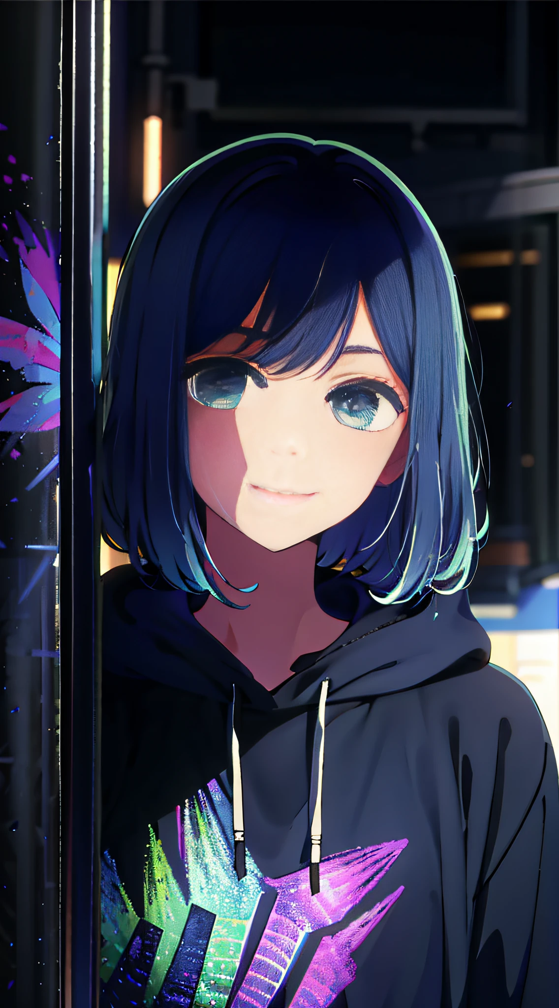 detailed background, masterpiece, best quality, smile, ornament, hoodie, portrait, blue neon, graffiti, dark, night, glowing eyes, blacklight