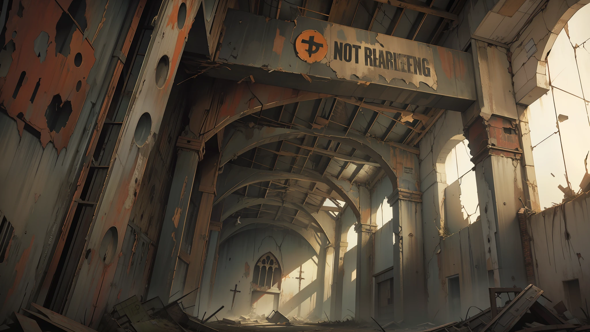 (abandoned church:1.2), mad max style, punky, a little bit scary, rusty metal, dimly lit, post-apocalyptic, danger sign, warning message, toxic waste, industrial machinery, scrap metal