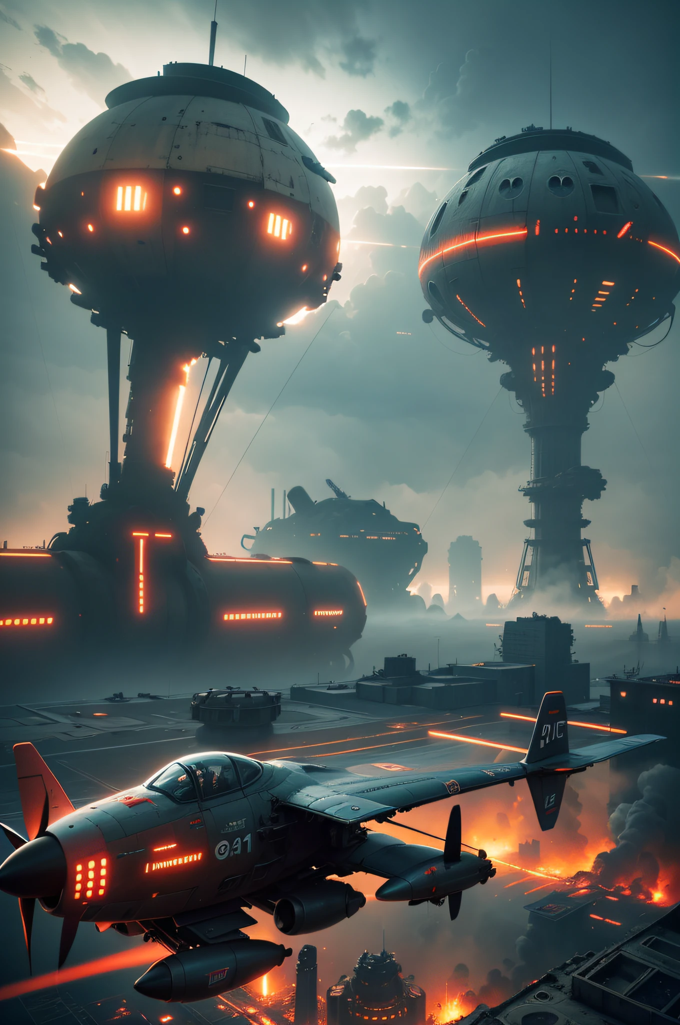 A wasteland-style spaceship that explodes in the air, black smoke from its engines, and a group of small red wasteland-style flying machines around the ship, with an abandoned ancient city in the background, towering industrial towers and some withered vegetation. (Swept by the Storm, Mist Light, Low Saturation, Cinematic Lens, Unreal Engine, Trending on artstation) (Small Aircraft: 2.0)