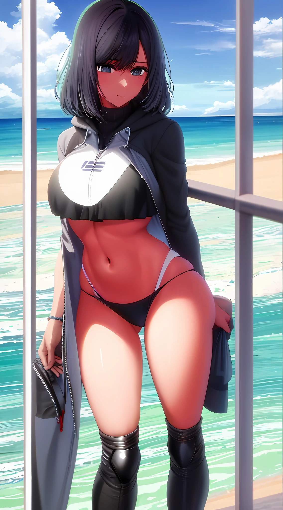 arafed woman in a bikini posing on a beach near the ocean, metal bikini, shiny plastic bikini, realistic bikini, black hair goddess, cute black bikini, photorealistic perfect body, shiny white skin, swimsuit, white silver bikini, shiny silver, cutesexyrobutts, bikini armour, wet swimsuit, thicc, 2 b, 2b
