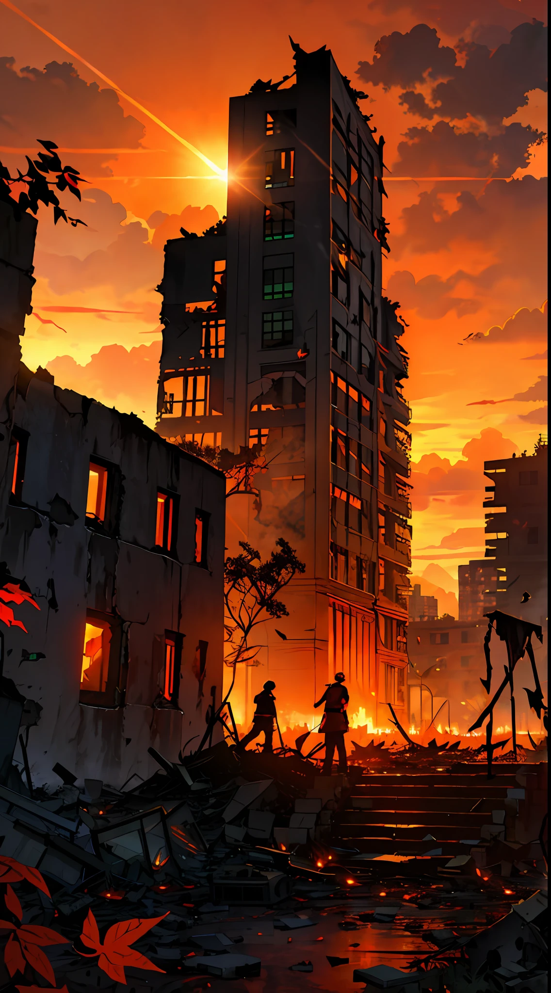 ruins war scene, glowing , evening ruins, shattered, broken buildings, red and orange sky, clouds, smoke, vines, leaves around buildings, giant vines, leaves, post-apocalypse, stones, light flares, sun flares, lens flares, light particles