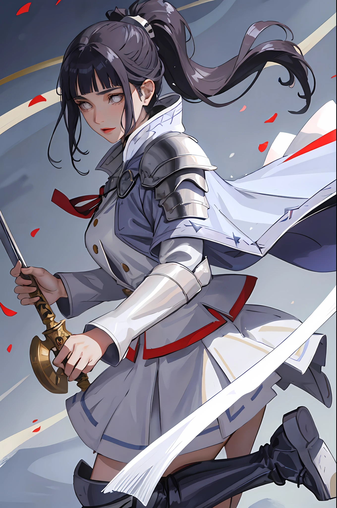 8k, best quality, masterpiece, highly detailed, semi realistic, 1 girl, mature female, 20 years old, dark blue long hair, high ponytail, bangs, purple pupils, silver white armor, white fluffy skirt, silver iron boots, red white fluffy brimmed cloak, wielding sword, knight, coronation ceremony，War, flames, bloodstains，Lily, petal rain，banner, blunt bangs,  hinata/(boruto/),  from front