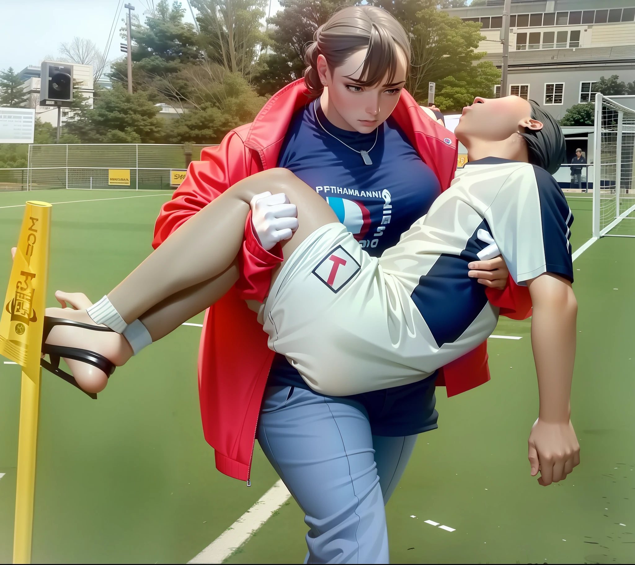 (realistic:1.5),soccer action pose, cradle-carry-pose, first-aid in a sports stadium, affection pose, lecherous action pose, dramatic action pose, theatralic pose, there is a attractive woman that is carrying a wounded athlete, there is a beautiful woman in a shiny black outfit who is carrying a shorthaired young man in her arms, a longhaired beautiful woman in a high-shine black catsuit, a longhaired woman in a shiny black dress, a woman is carrying a shorthaired man who is wearing a sports outfitt, a weak man in sports shorts is consciousless and needs to be carried, a shorthaired man with closed eyes is carried piggyback by a longhaired woman, a woman looks very scared and terrified, a consciousless man with closed eyes is suffering very much and has a very painful face, photo, photo shoot, photographed , accident, help, aid, first aid, pity, 1 girl,solo,(hoshinomiyako:1.1), red tracksuit