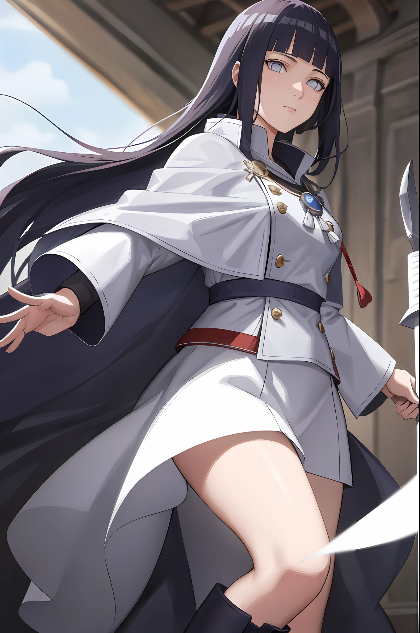 8k, best quality, masterpiece, highly detailed, semi realistic, 1 girl,  female, 20 years old, dark blue long hair, high ponytail, bangs, purple pupils, silver white armor, white fluffy skirt, silver iron boots, red white fluffy brimmed cloak, wielding sword, knight, coronation ceremony，War, flames, bloodstains，Lily, petal rain，banner, blunt bangs,  hinata/(boruto/), from front