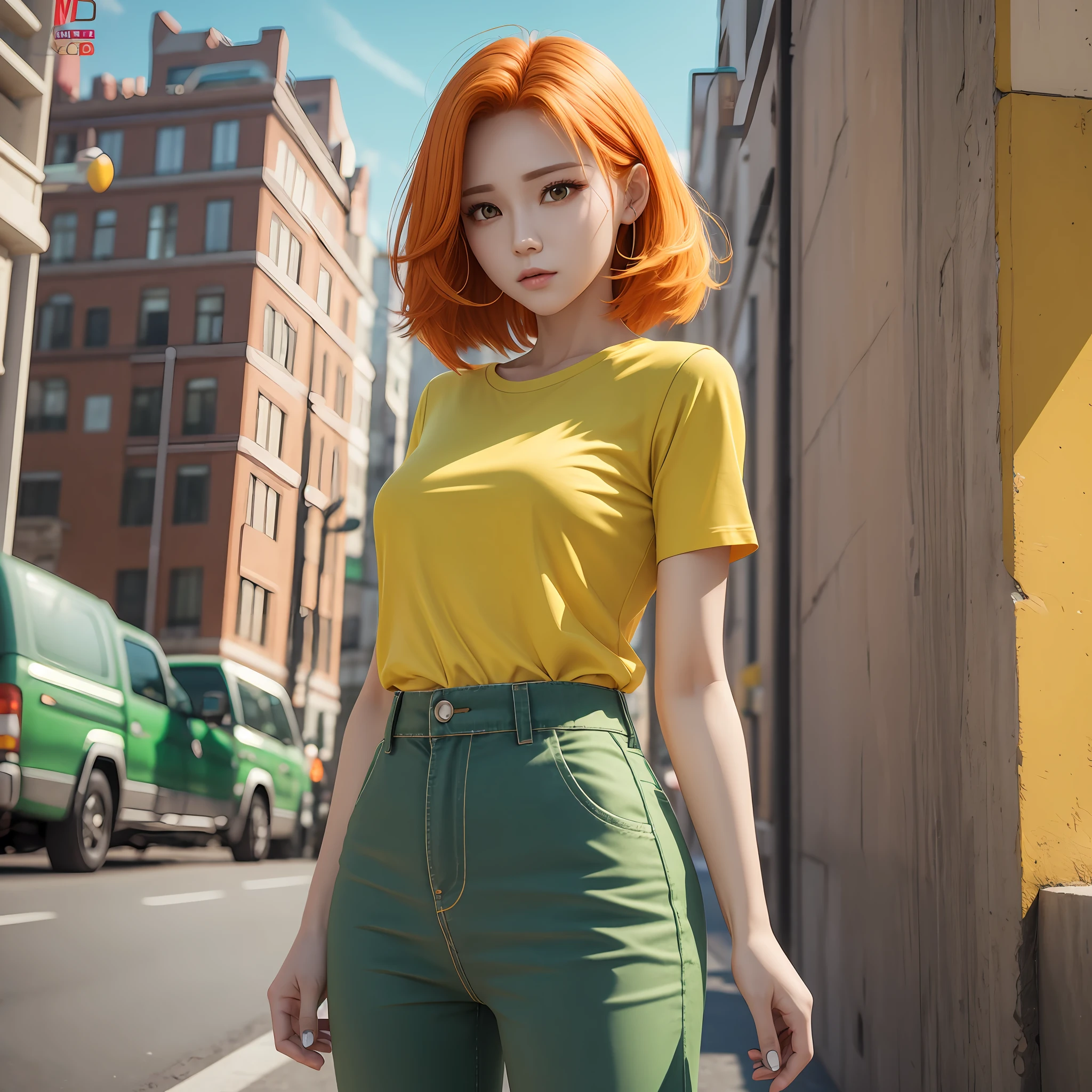 Woman masterpiece 3d, woman pants green, yellow shirt, orange hair and red eyes. --auto --s2