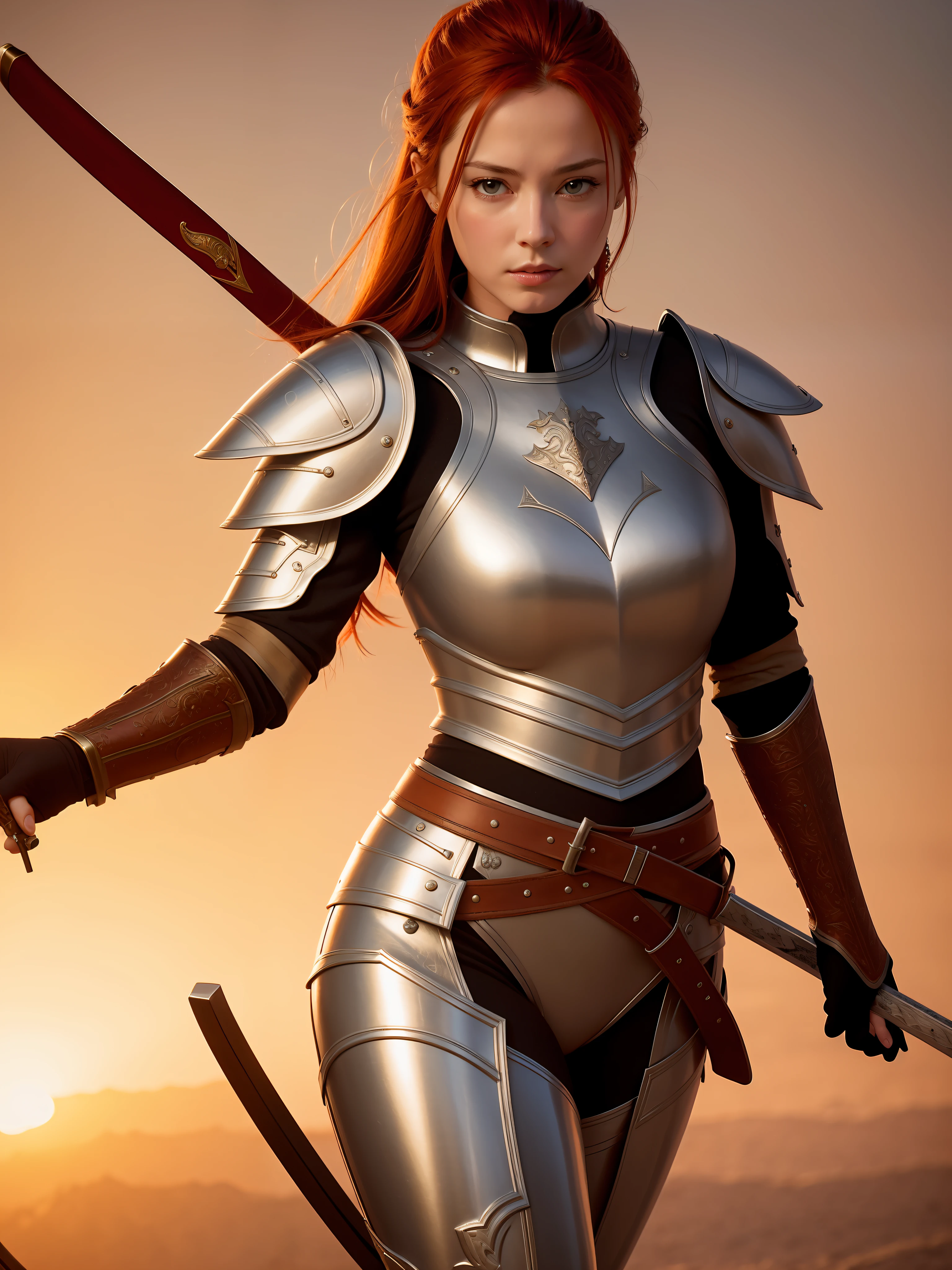 (higher resolution, distinct_image) The best quality, a woman, masterpiece, highly detailed, realistic. Medieval, armor, katana, beautiful, perfect, mature, redhead