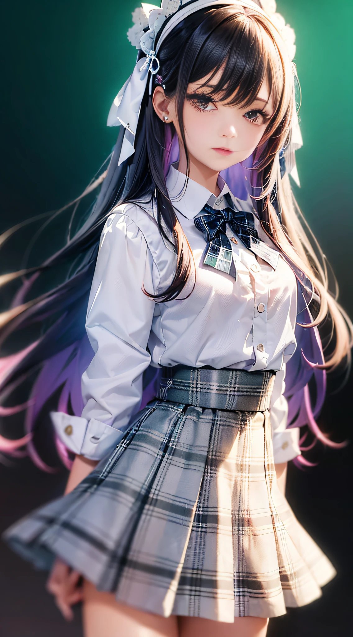 1girl, (masterpiece:1.1), (best quality:1.1), (white blouse:1.1), (plaid skirt:1.1), school uniform, high-waisted skirt, break [blue:pink:0.5] theme, (gradient background:1.1), cowboy shot, break colored hair, long hair, green eyes, delicate headdress, look to the side ,