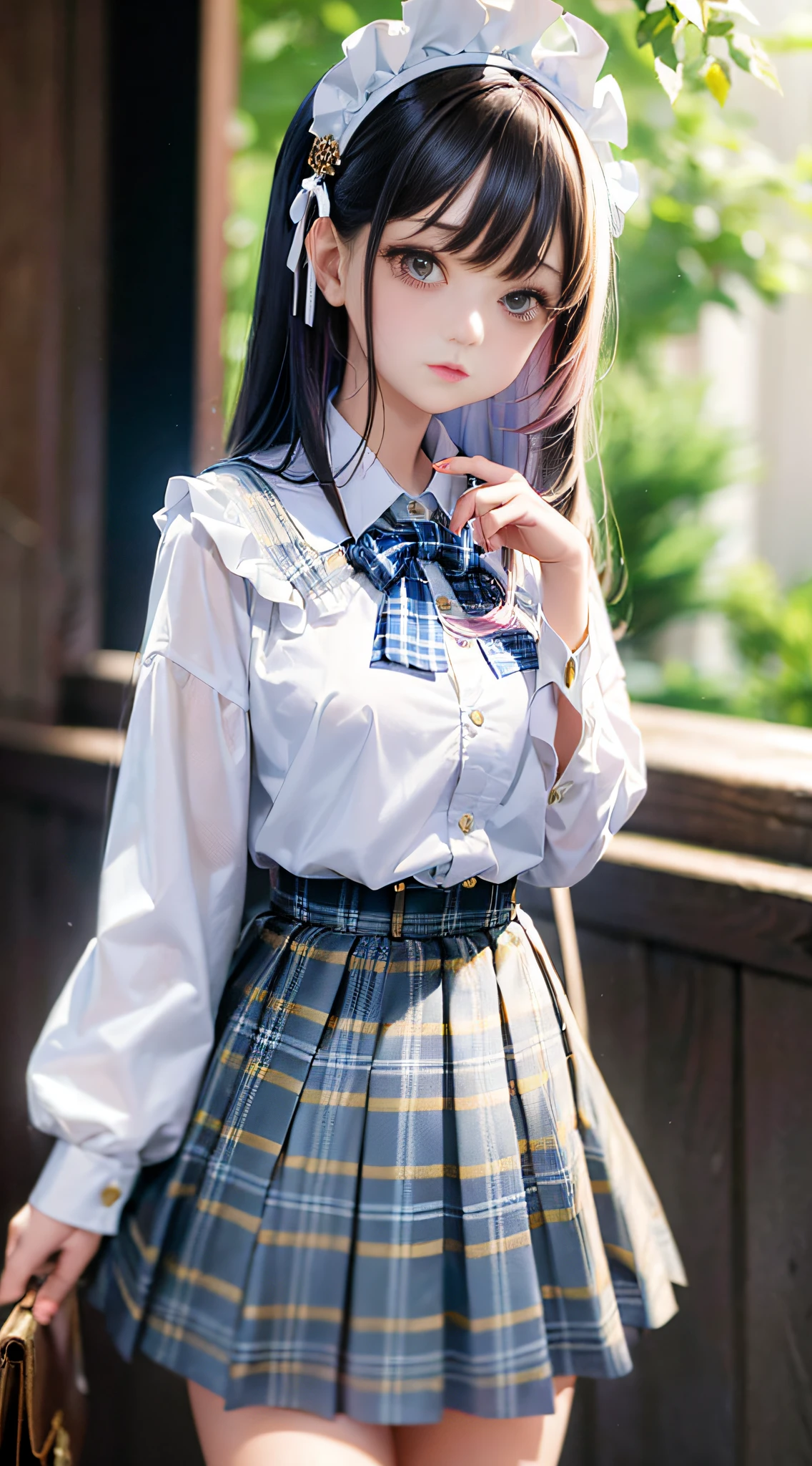 1girl, (masterpiece:1.1), (best quality:1.1), (white blouse:1.1), (plaid skirt:1.1), school uniform, high-waisted skirt, break [blue:pink:0.5] theme, (gradient background:1.1), cowboy shot, break colored hair, long hair, green eyes, delicate headdress, look to the side ,