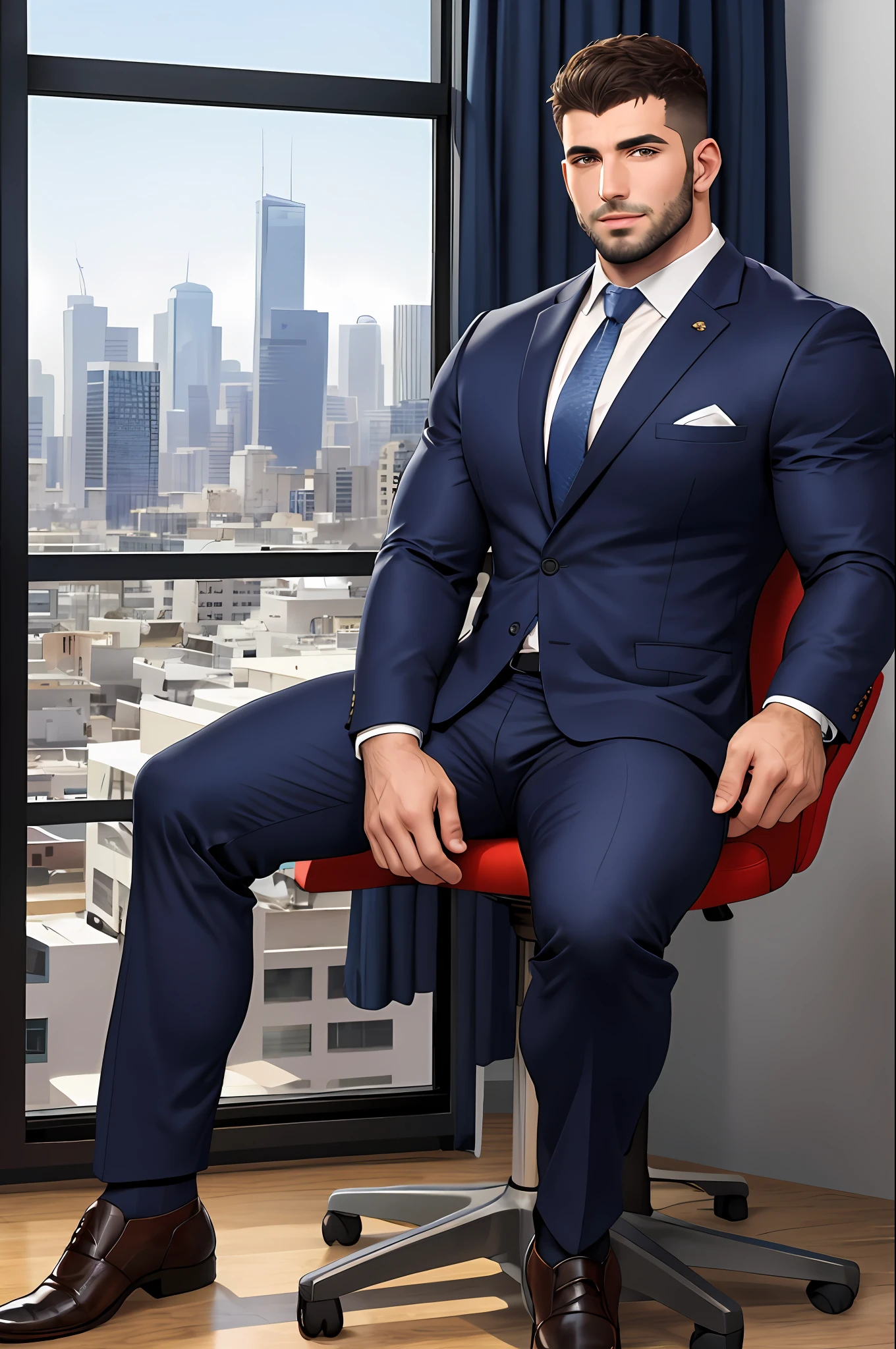 a handsome middle eastern man sitting in the office,crew cut,business suit,windows,cityscape,full body, muscular male,[plump],[chris redfield],