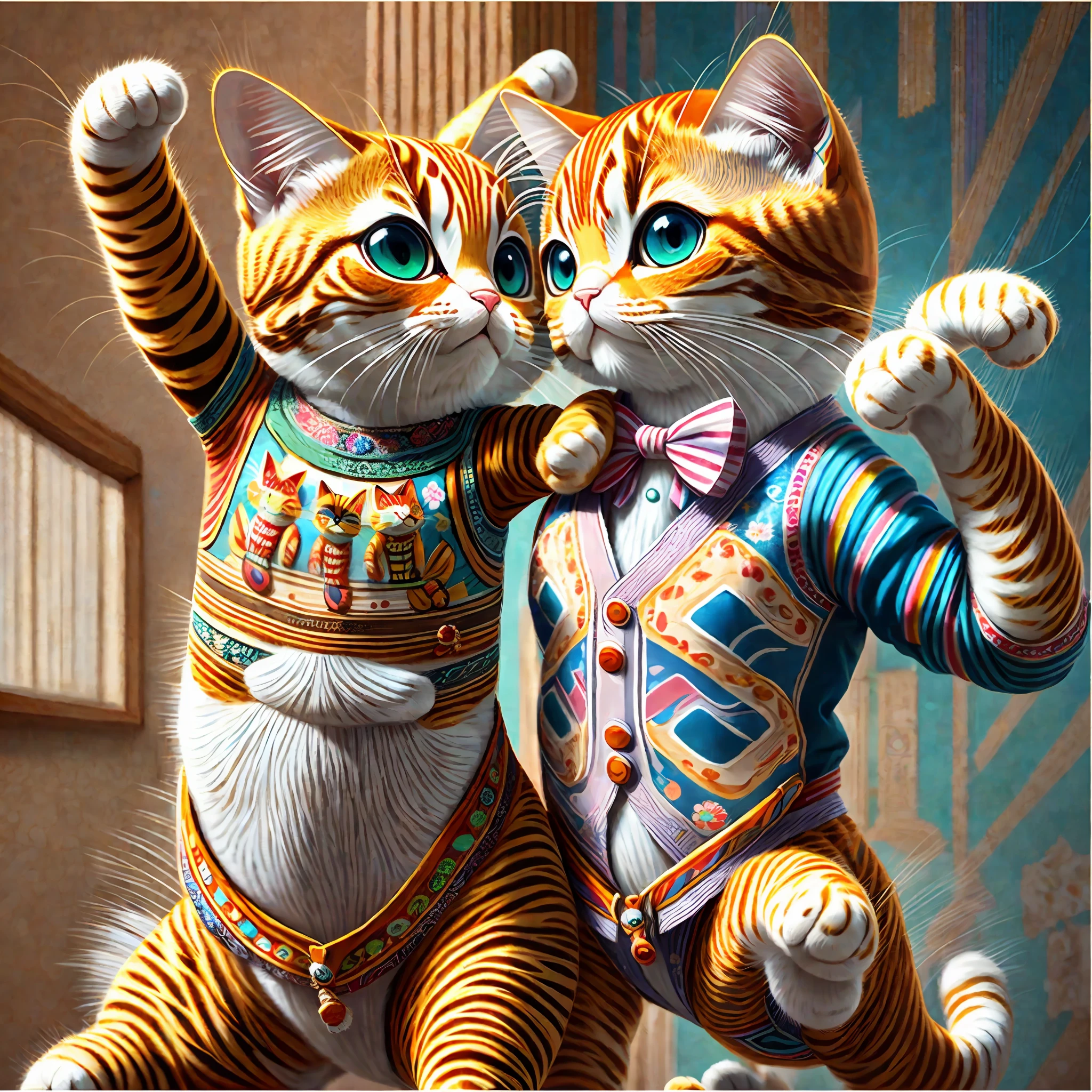 funny dancing cats, chibi and real style, masterpiece, realistic photography, colorful background, meticulous, intricate details, rich colors, realistic style, --auto --s2