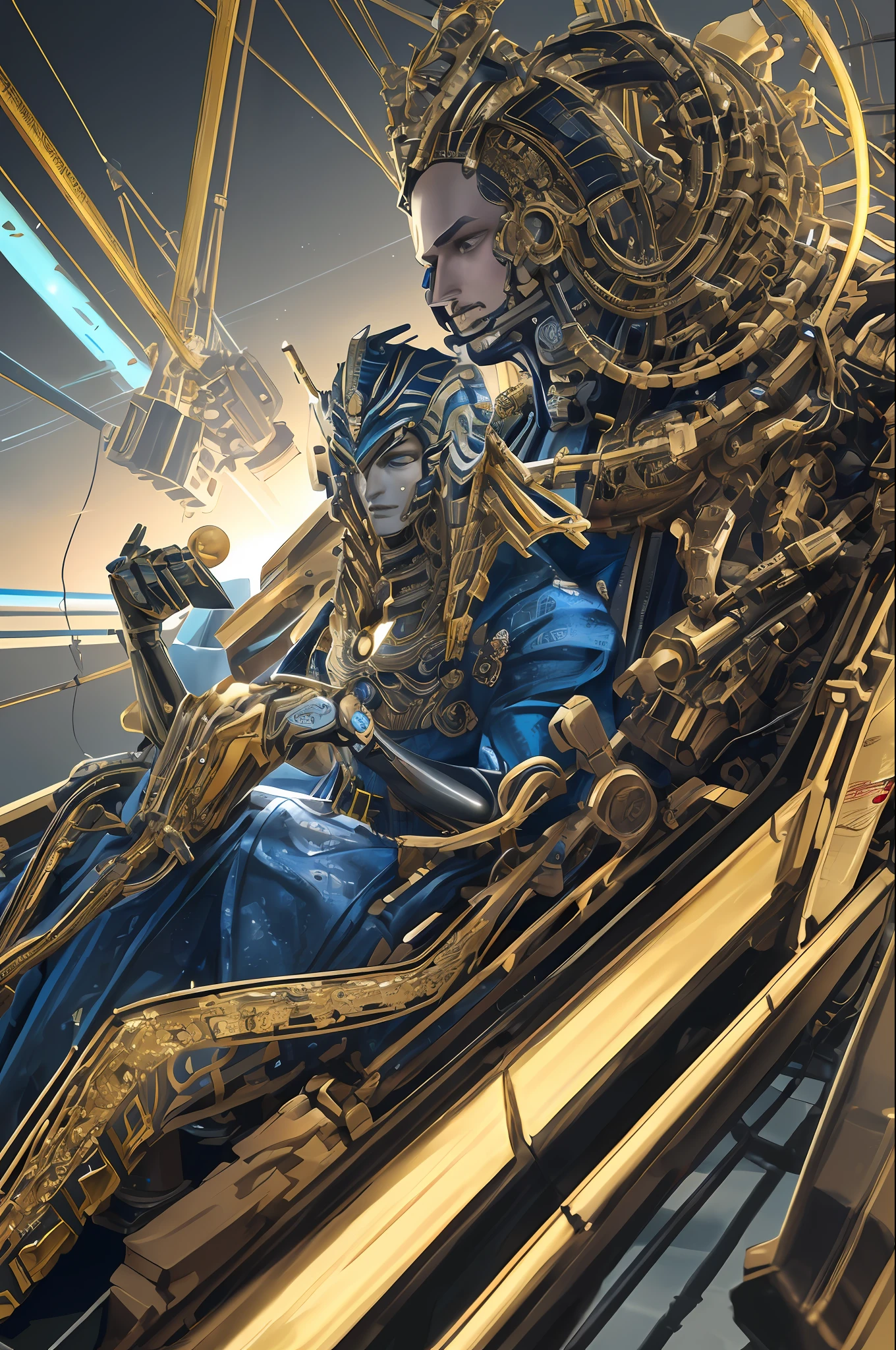 1Mechanical boy, (((ultra realistic details)), portrait, global lighting, shadows, octane render, 8k, ultra sharp, metal, intricate, detailed ornaments, cool colors, Egyptian detail, highly intricate details, realistic light, trend in cgsociety, bright eyes, front camera, neon details, mechanical limbs, blood vessels connected to tubes, mechanical vertebra attaching to the back, mechanical cervial attaching to the neck, sitting, wires and cables connecting to the head