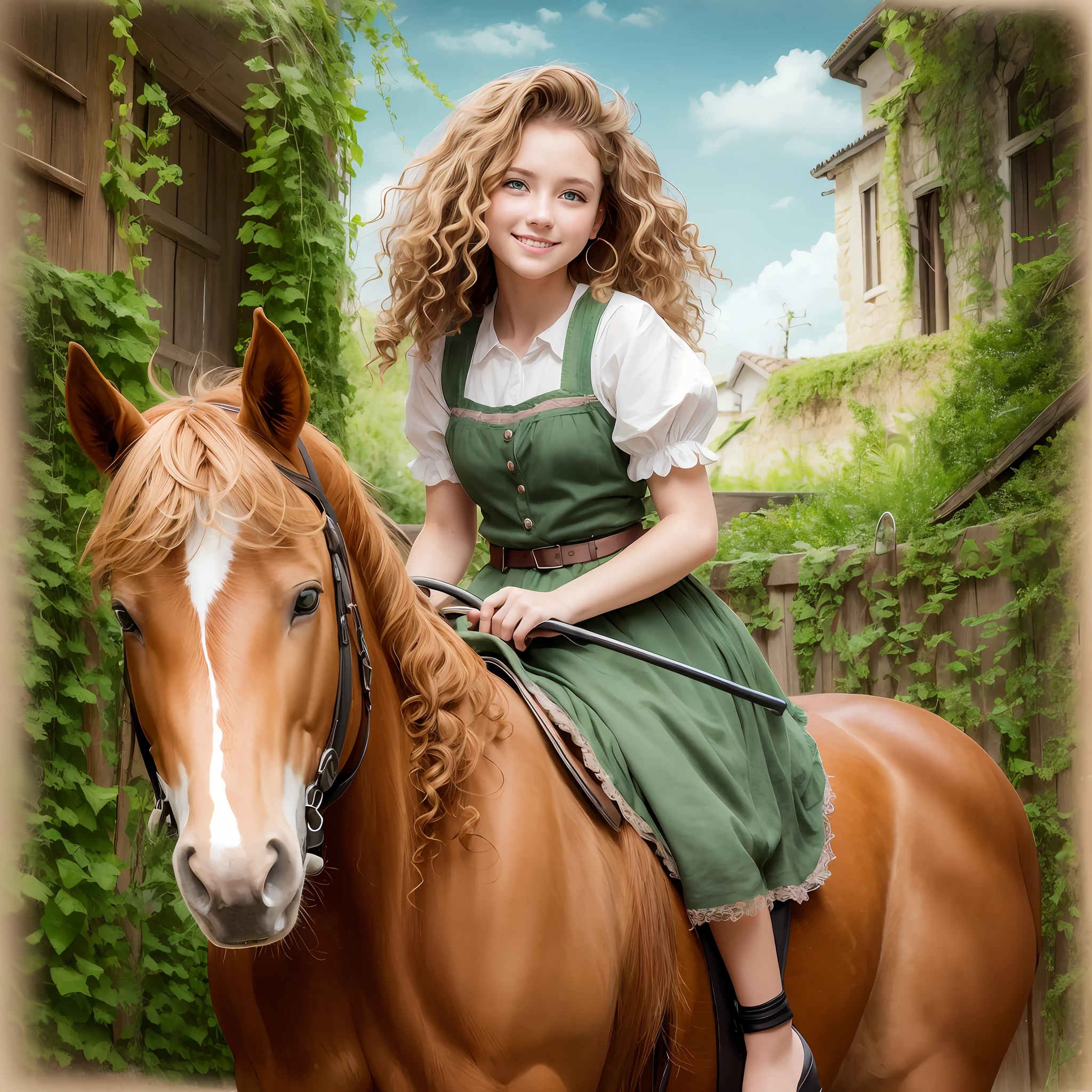 Photorealism, One Girl Riding Horse, Pretty Girl With Green Eyes, Terrible Curly, Naturally Curly, Golden Hair, Freckles, Housemaid Style, Smile